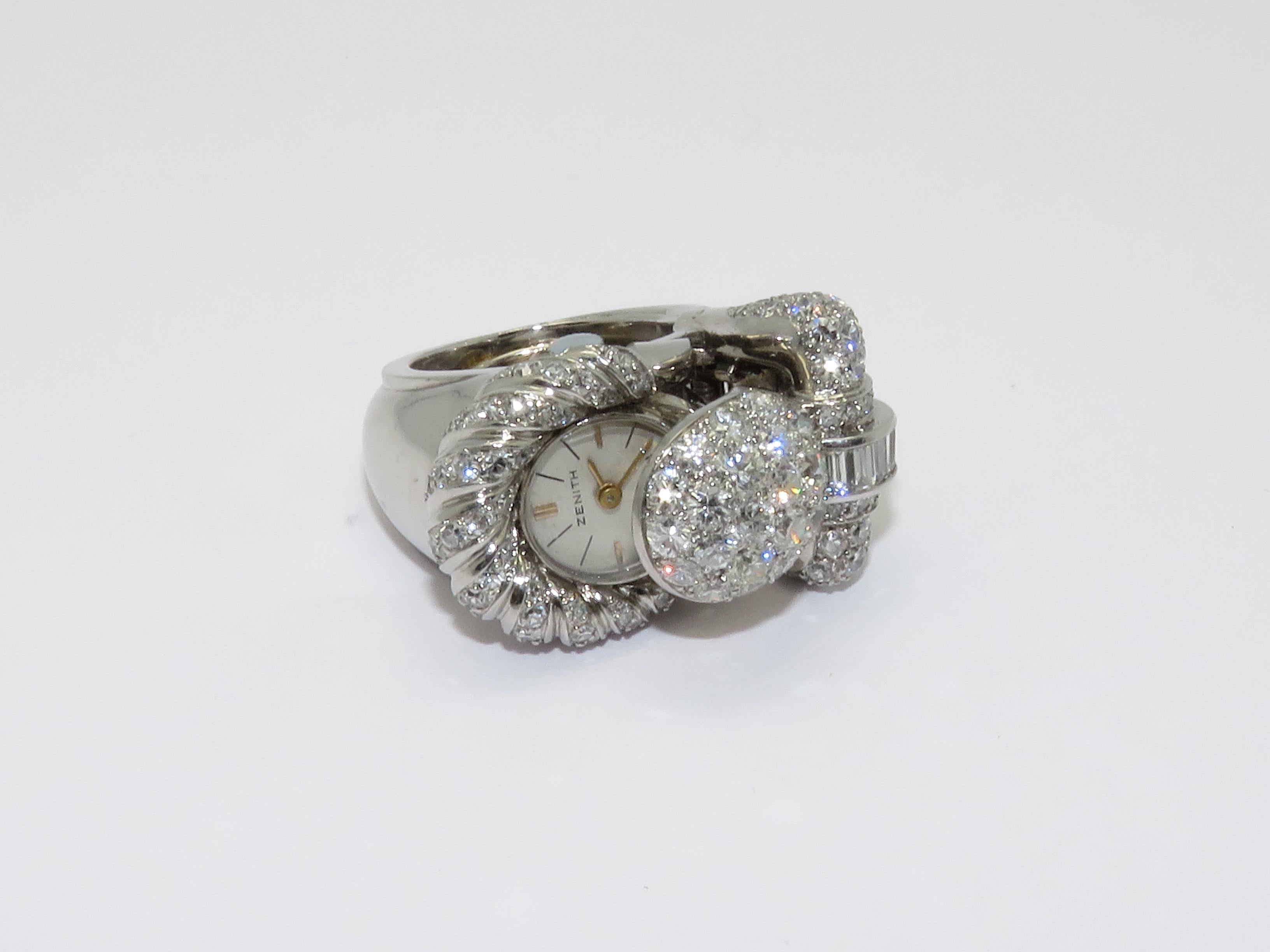 Women's 1950s Zenith Platinum Diamond Watch Ring For Sale