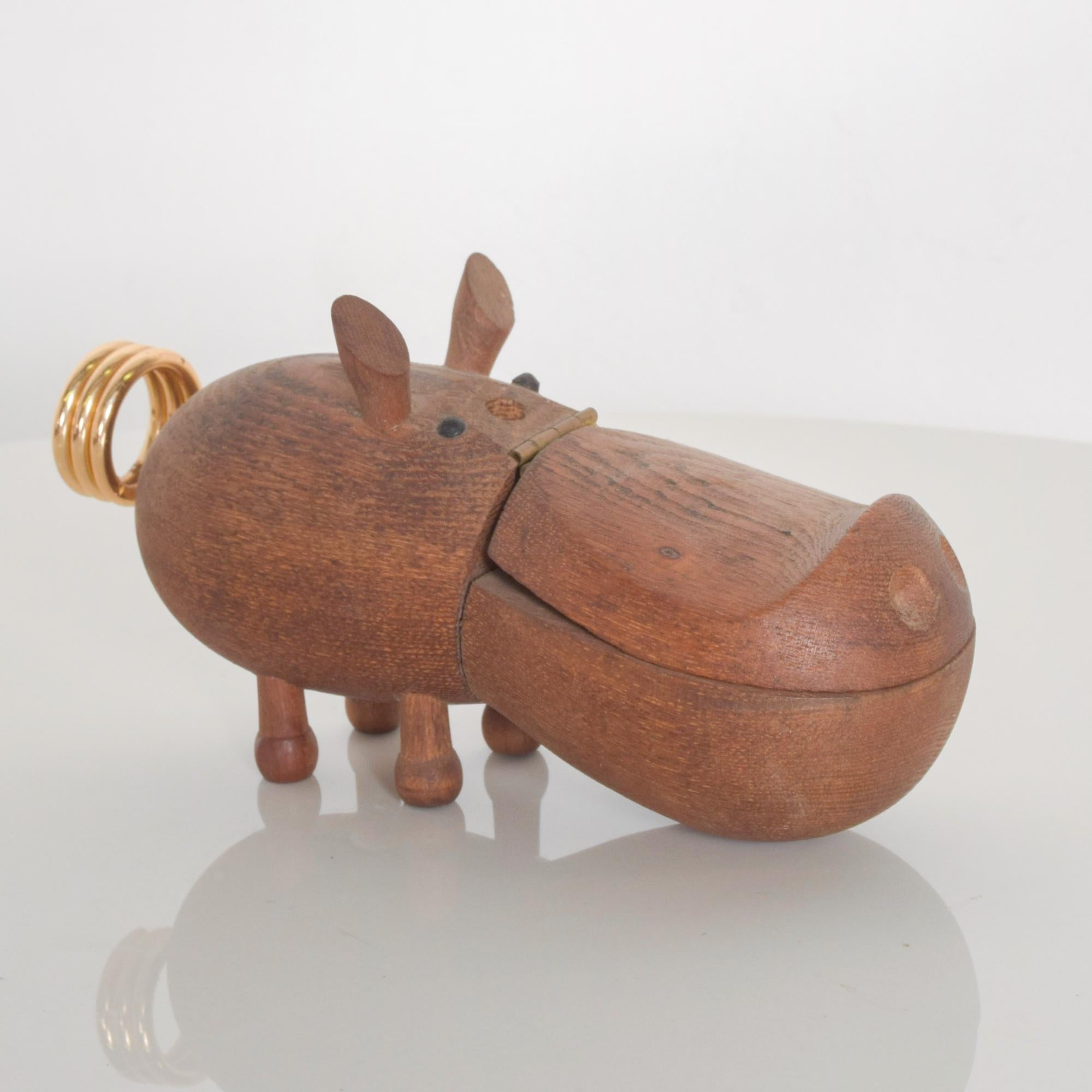 Mid-Century Modern 1950s Zoo Line Teak Carved Wood Hippo Desk Accessory Manicure Organizer Japan