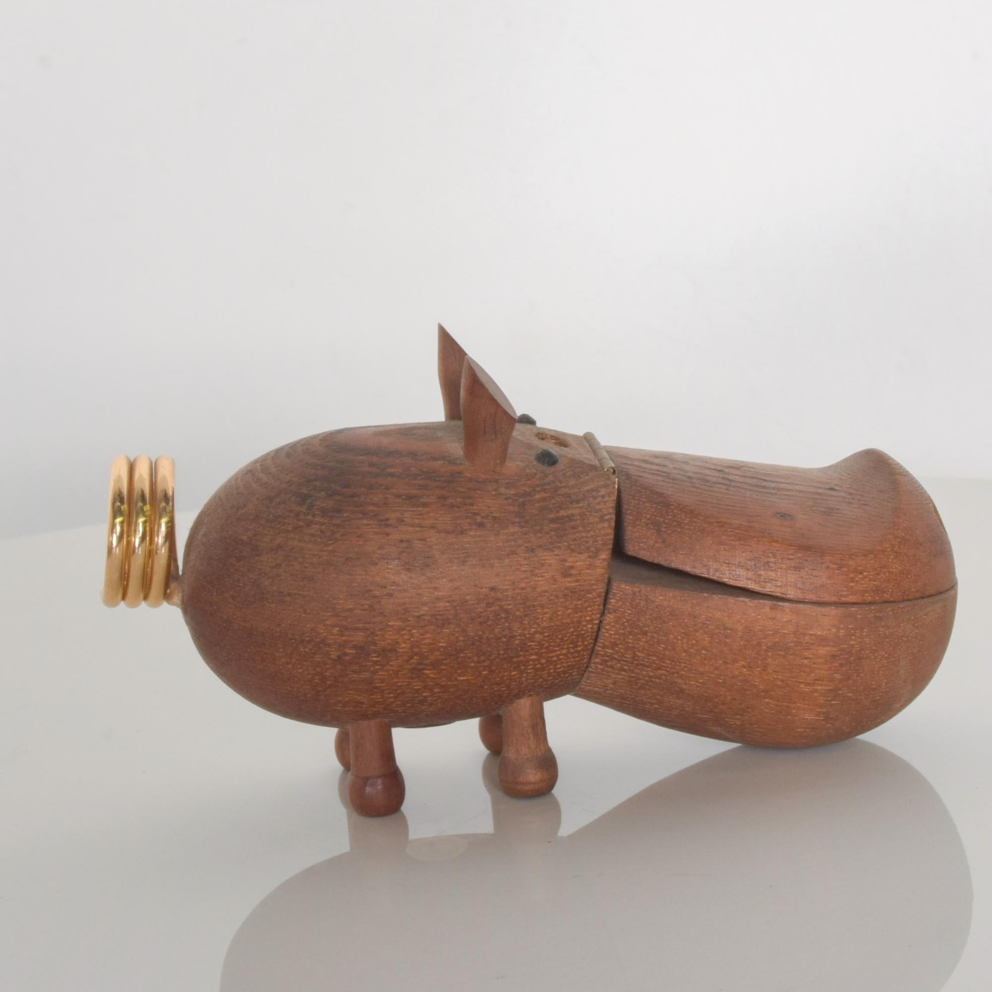 Japanese 1950s Zoo Line Teak Carved Wood Hippo Desk Accessory Manicure Organizer Japan