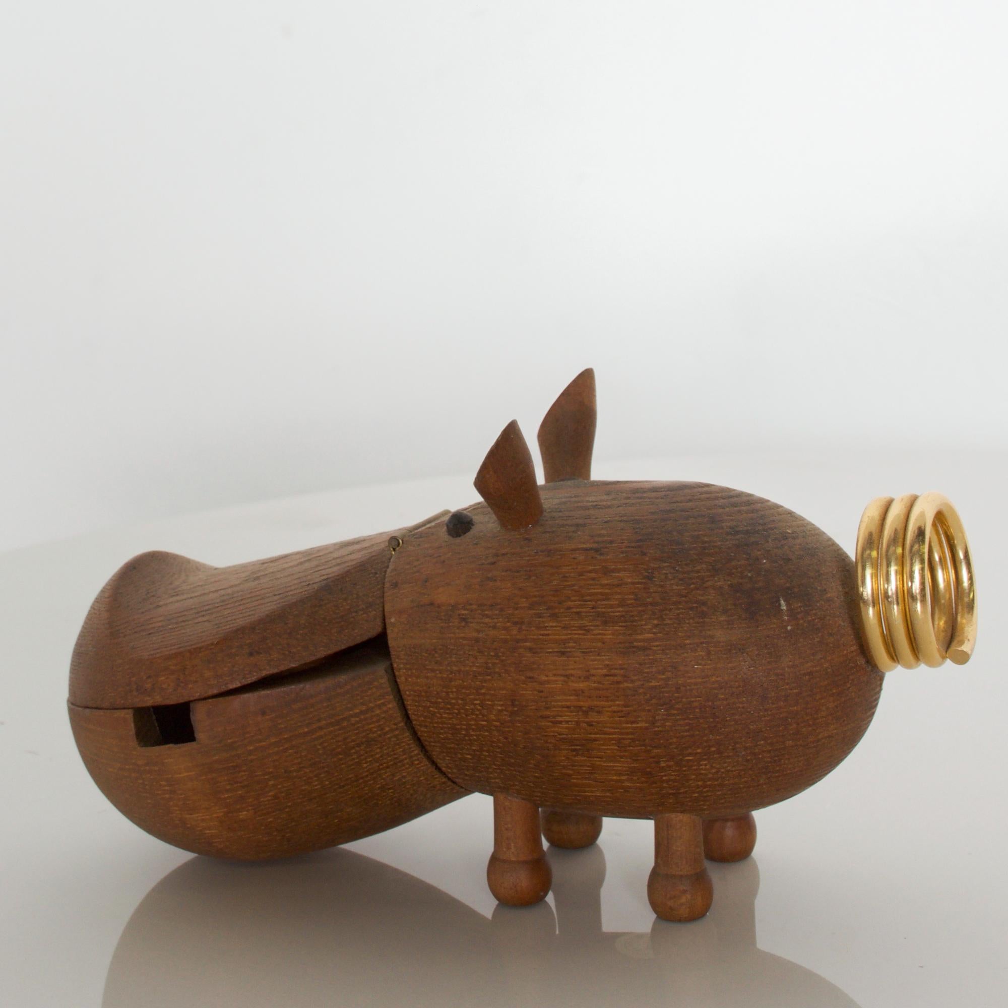 1950s Zoo Line Teak Carved Wood Hippo Desk Accessory Manicure Organizer Japan 1