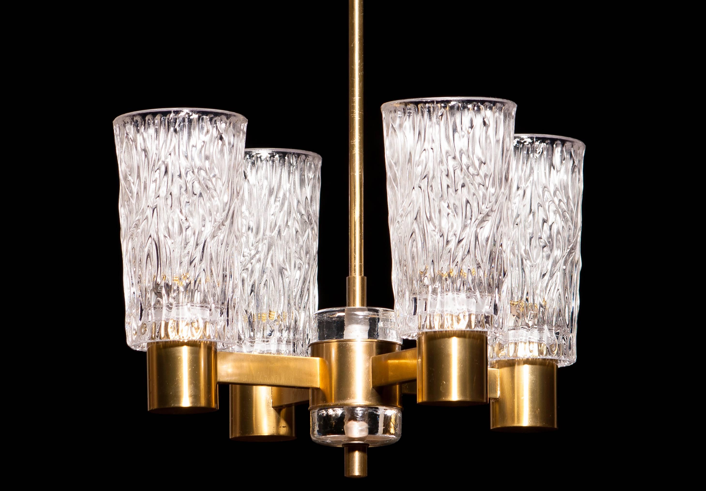 Mid-20th Century 1950s, Brass and Crystal Glass Chandelier by Orrefors