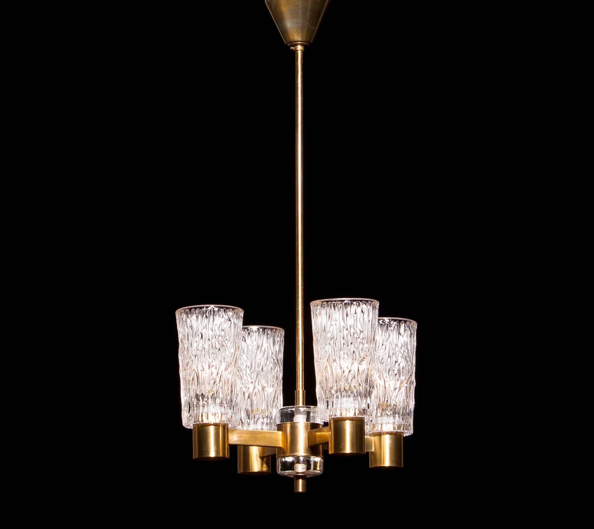 1950s, Brass and Crystal Glass Chandelier by Orrefors 2