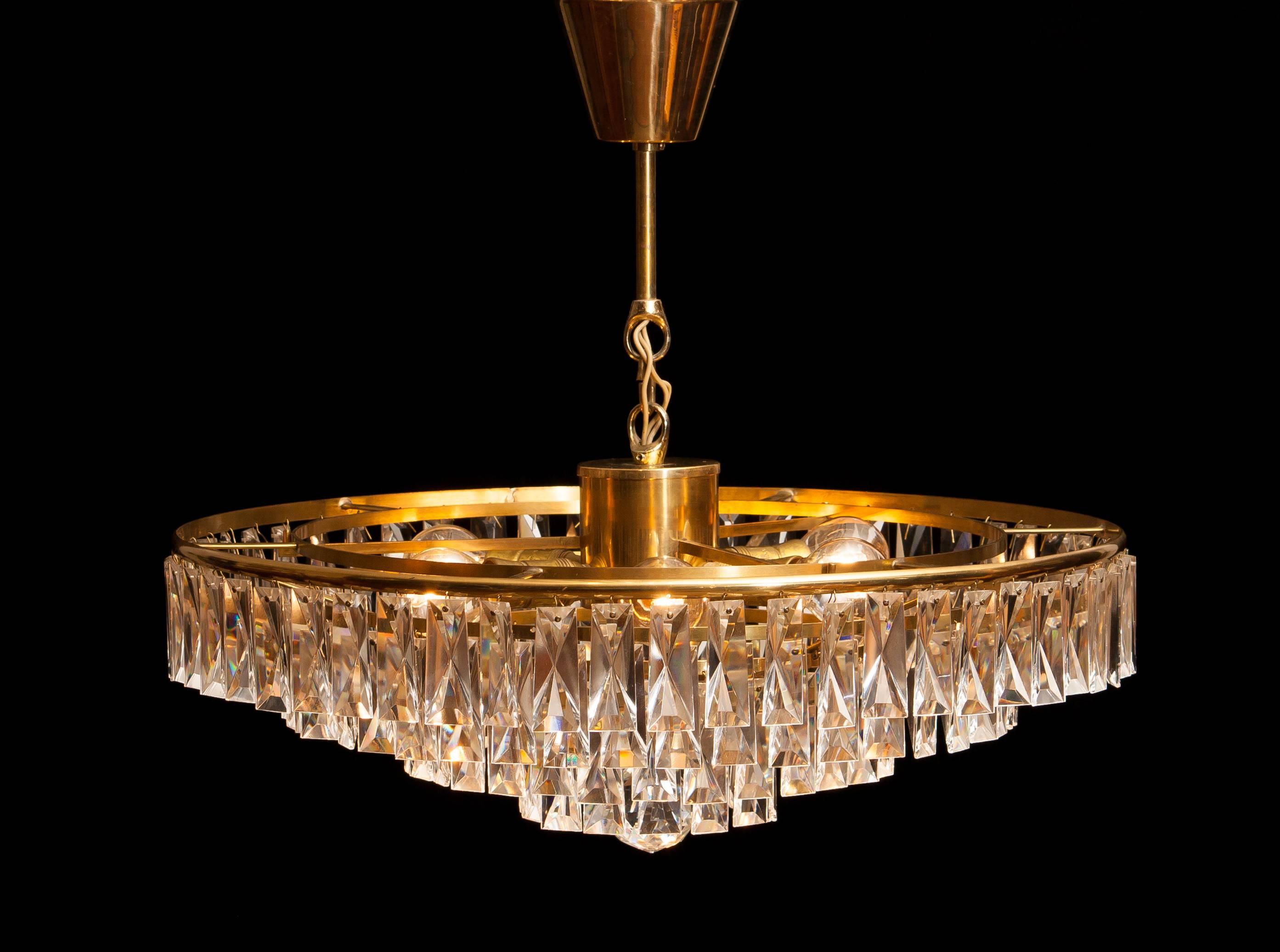 Mid-20th Century 1950s, Crystal and Brass Ceiling Lamp Chandelier