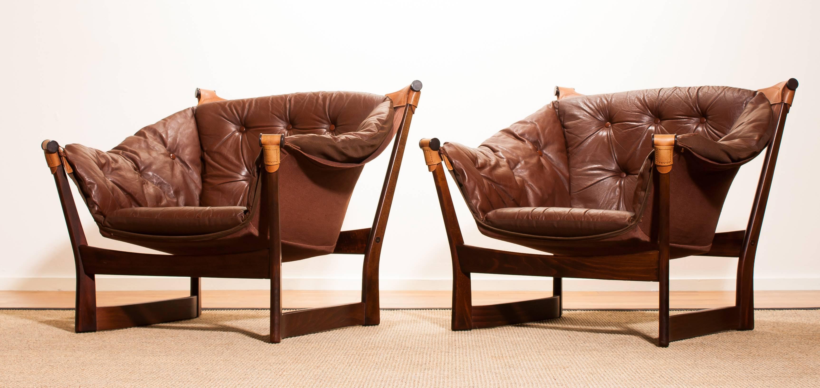 1950s, Teak and Leather Pair 'Trega' Chairs by Tormod Alnaes for Sørliemøbler 6