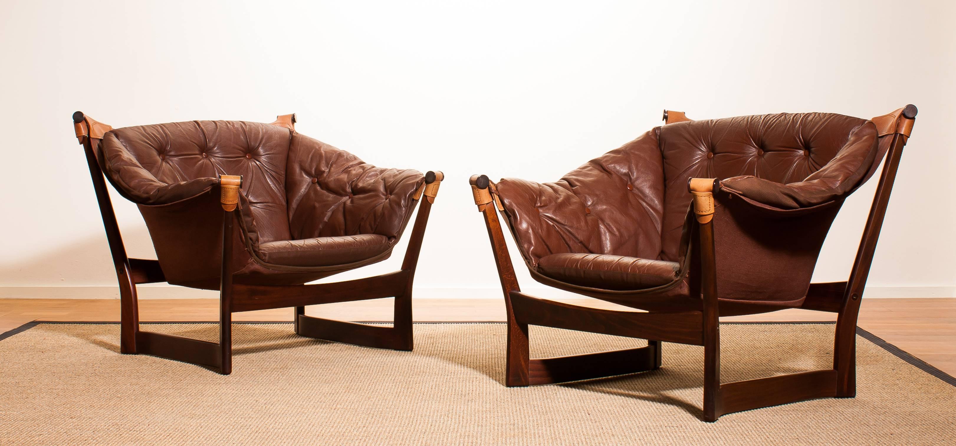 Norwegian 1950s, Teak and Leather Pair 'Trega' Chairs by Tormod Alnaes for Sørliemøbler