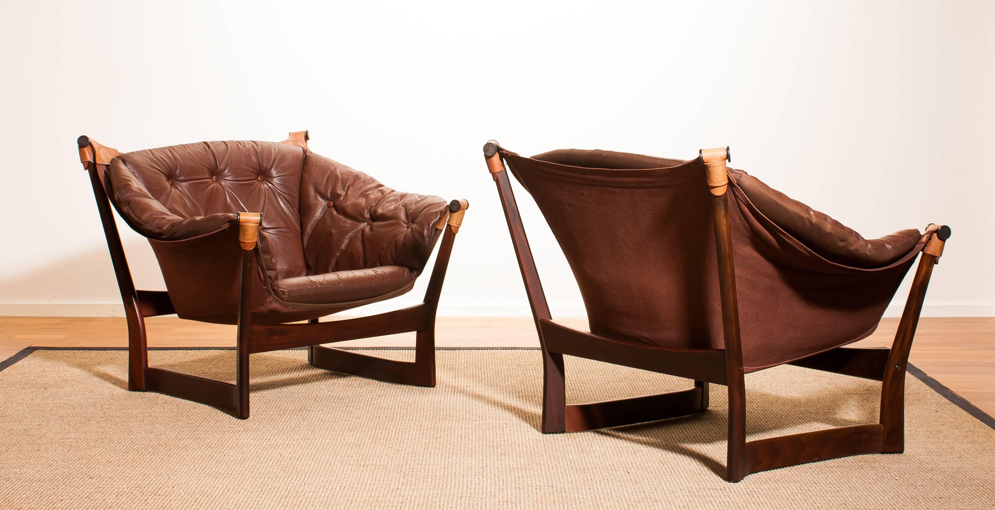 Mid-20th Century 1950s, Teak and Leather Pair 'Trega' Chairs by Tormod Alnaes for Sørliemøbler