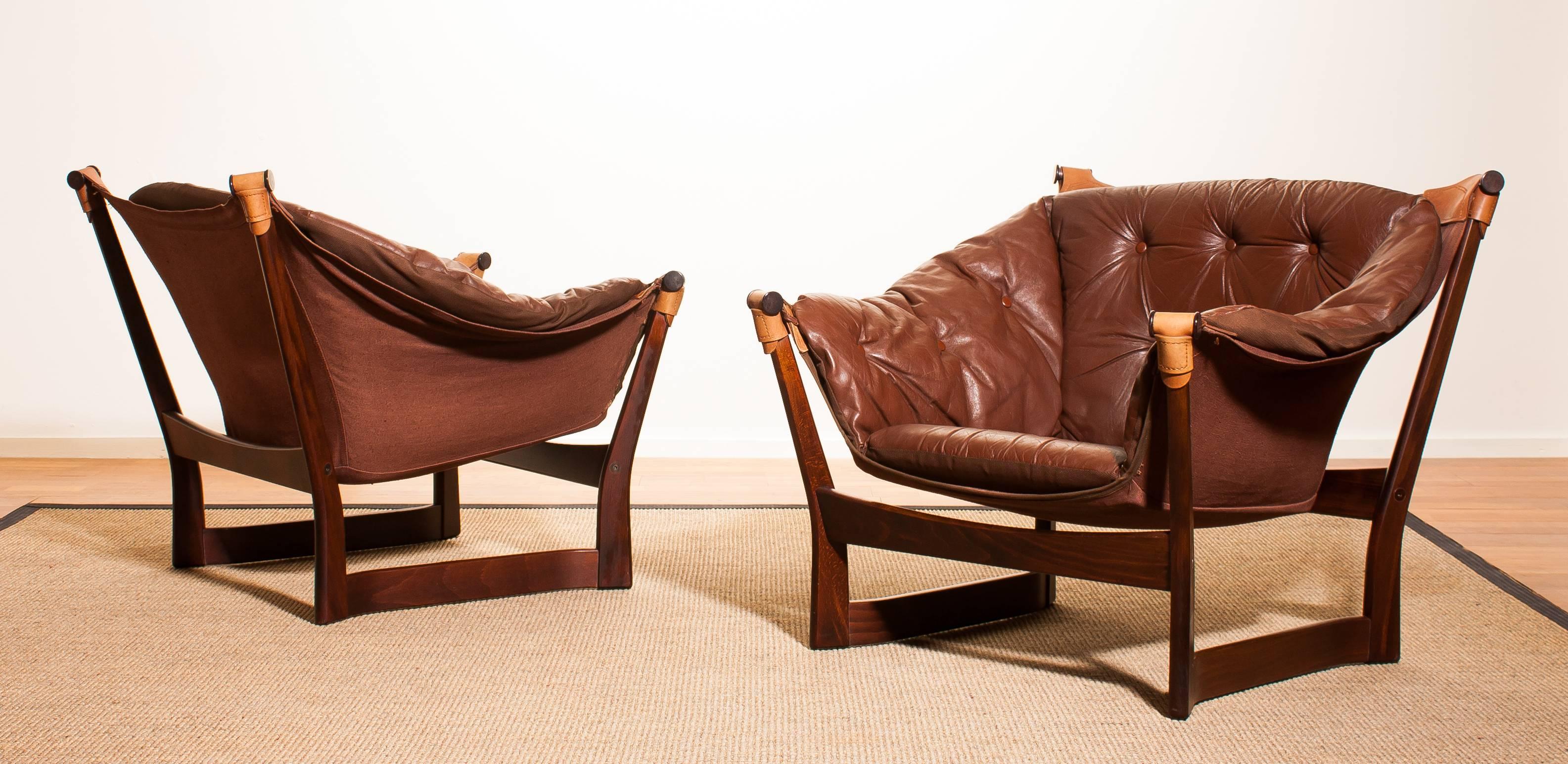 1950s, Teak and Leather Pair 'Trega' Chairs by Tormod Alnaes for Sørliemøbler 1