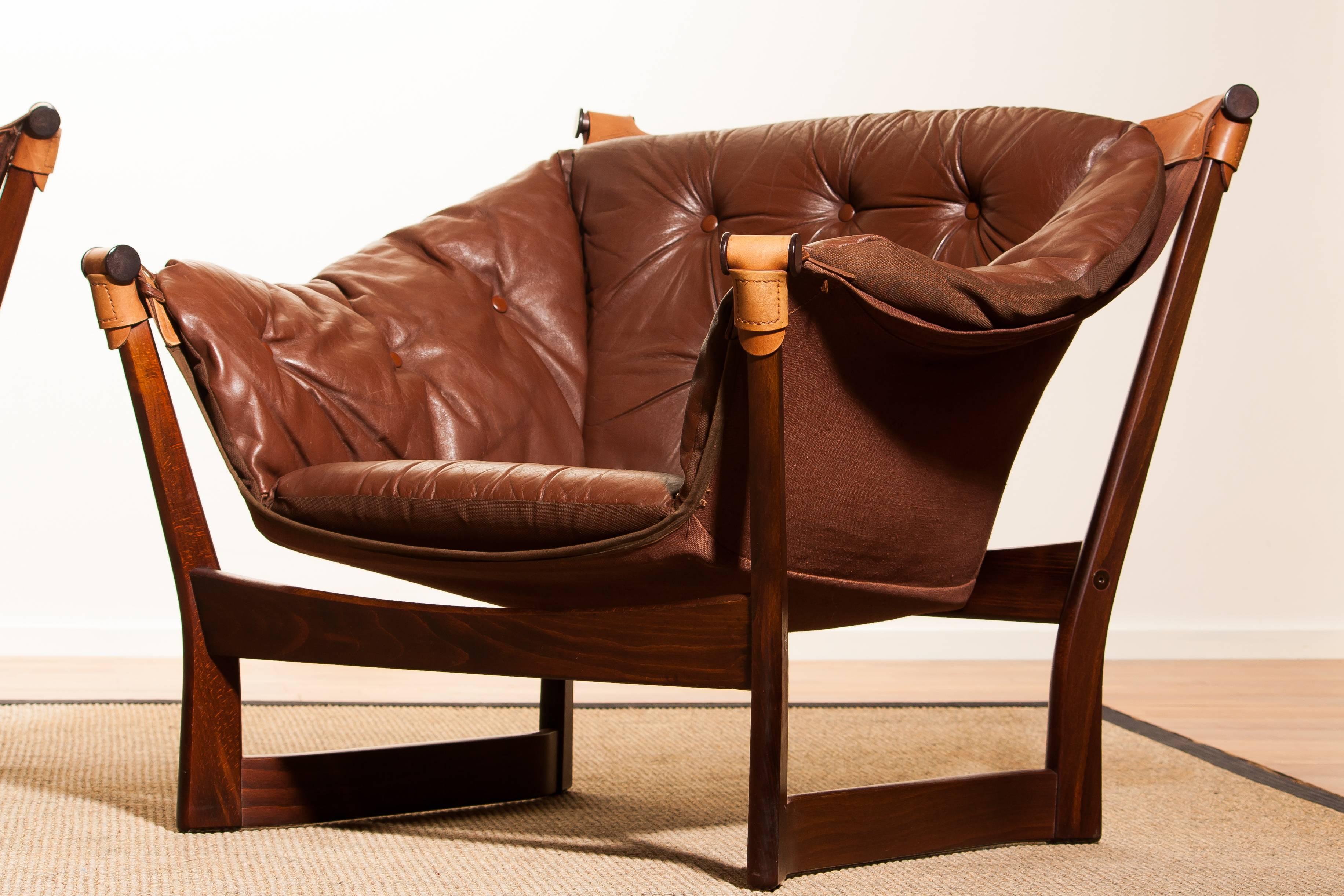 1950s, Teak and Leather Pair 'Trega' Chairs by Tormod Alnaes for Sørliemøbler 2