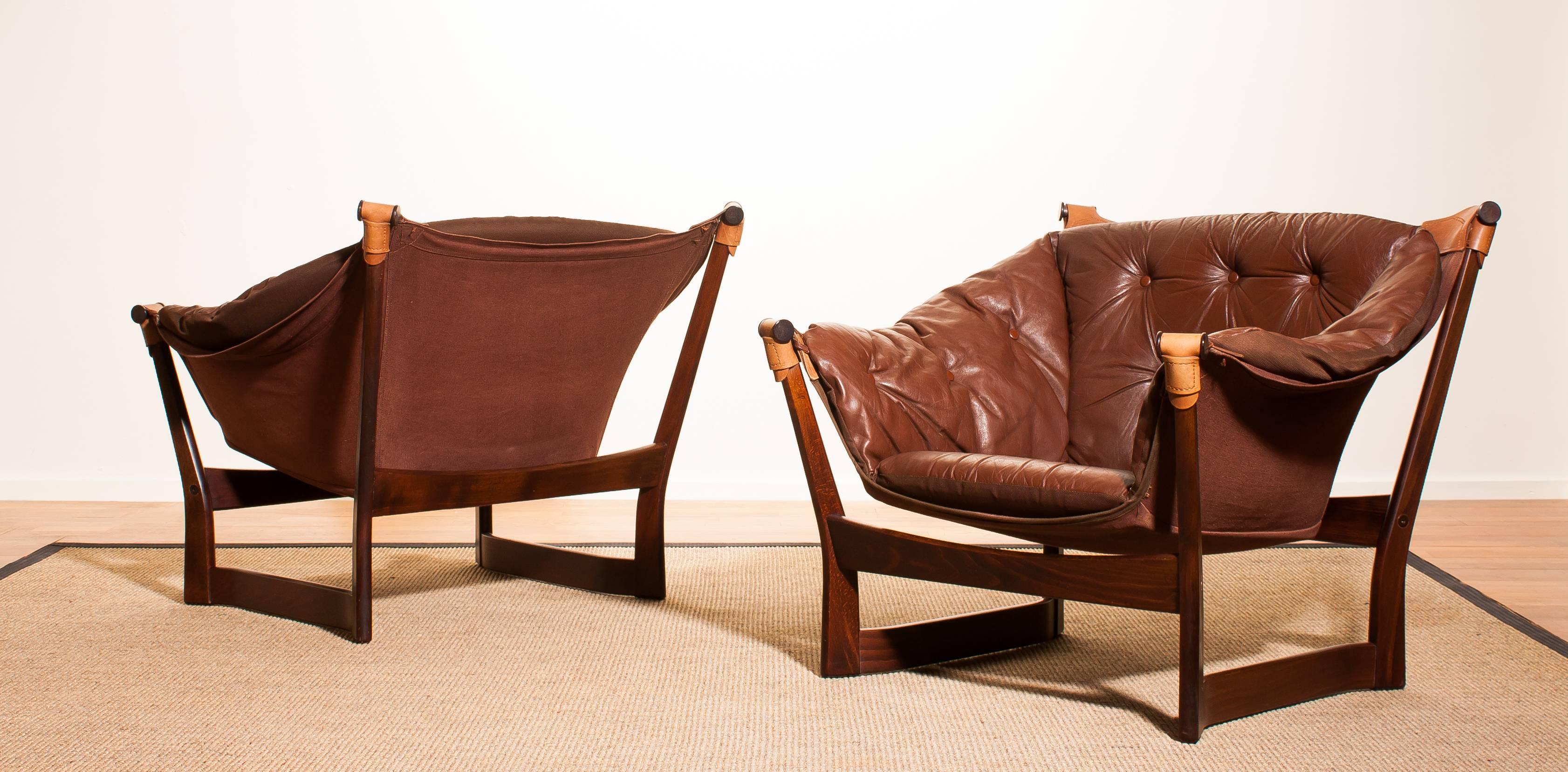 1950s, Teak and Leather Pair 'Trega' Chairs by Tormod Alnaes for Sørliemøbler 3