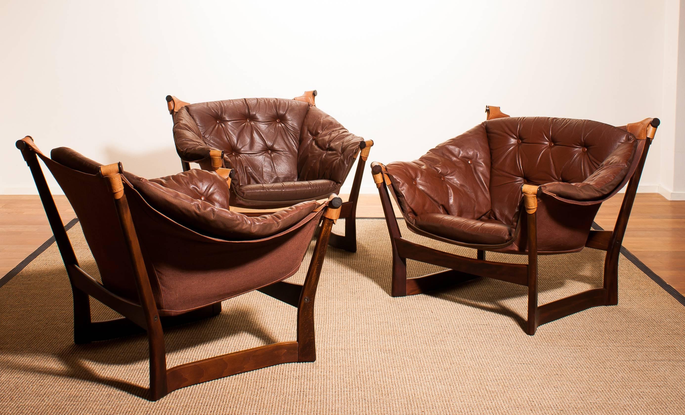 Norwegian 1950s, Teak and Leather Set 'Trega' Chairs by Tormod Alnaes for Sørliemøbler