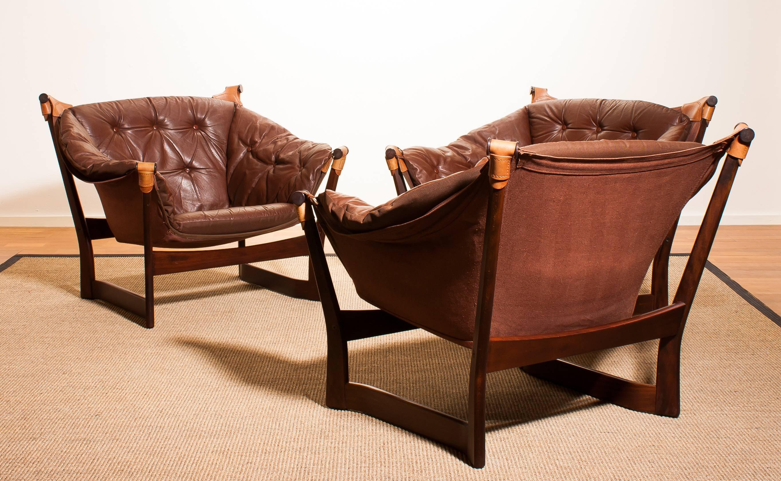 1950s, Teak and Leather Set 'Trega' Chairs by Tormod Alnaes for Sørliemøbler In Excellent Condition In Silvolde, Gelderland