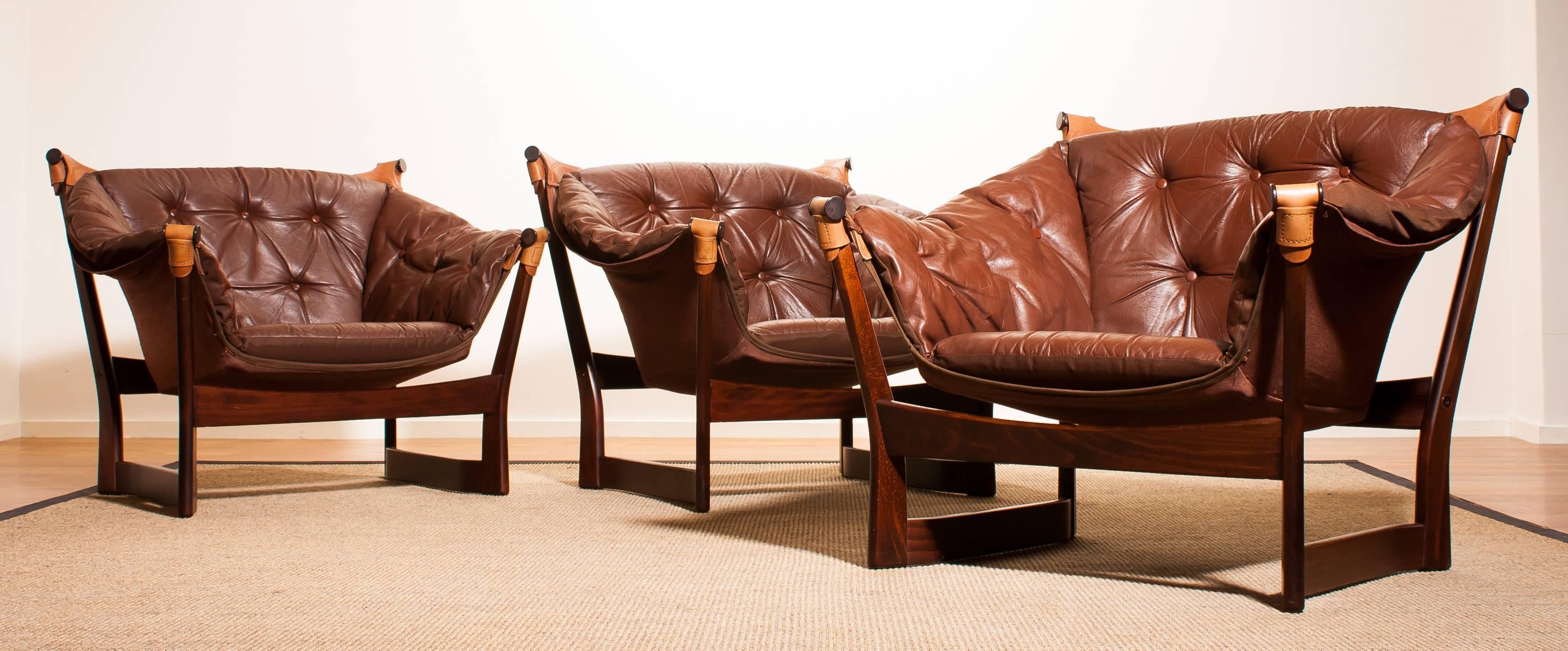 Mid-20th Century 1950s, Teak and Leather Set 'Trega' Chairs by Tormod Alnaes for Sørliemøbler