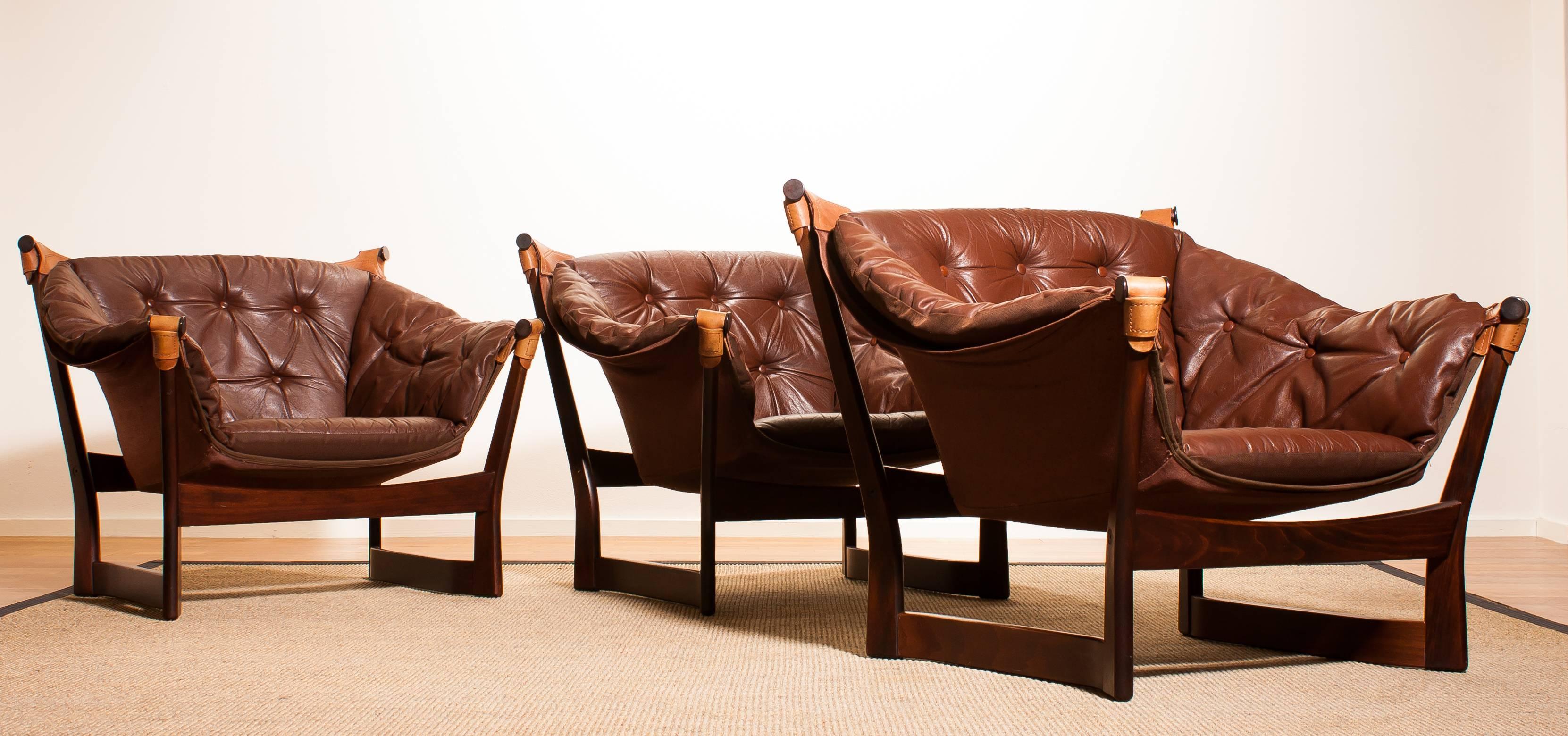 1950s, Teak and Leather Set 'Trega' Chairs by Tormod Alnaes for Sørliemøbler 1
