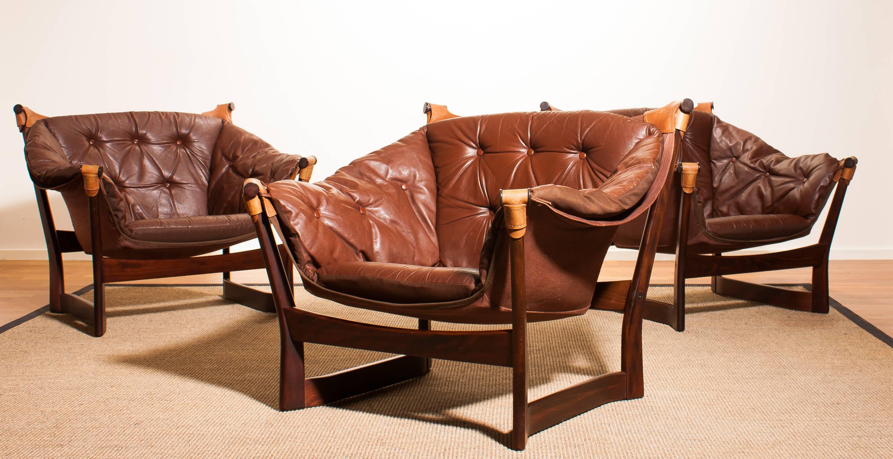 1950s, Teak and Leather Set 'Trega' Chairs by Tormod Alnaes for Sørliemøbler 4