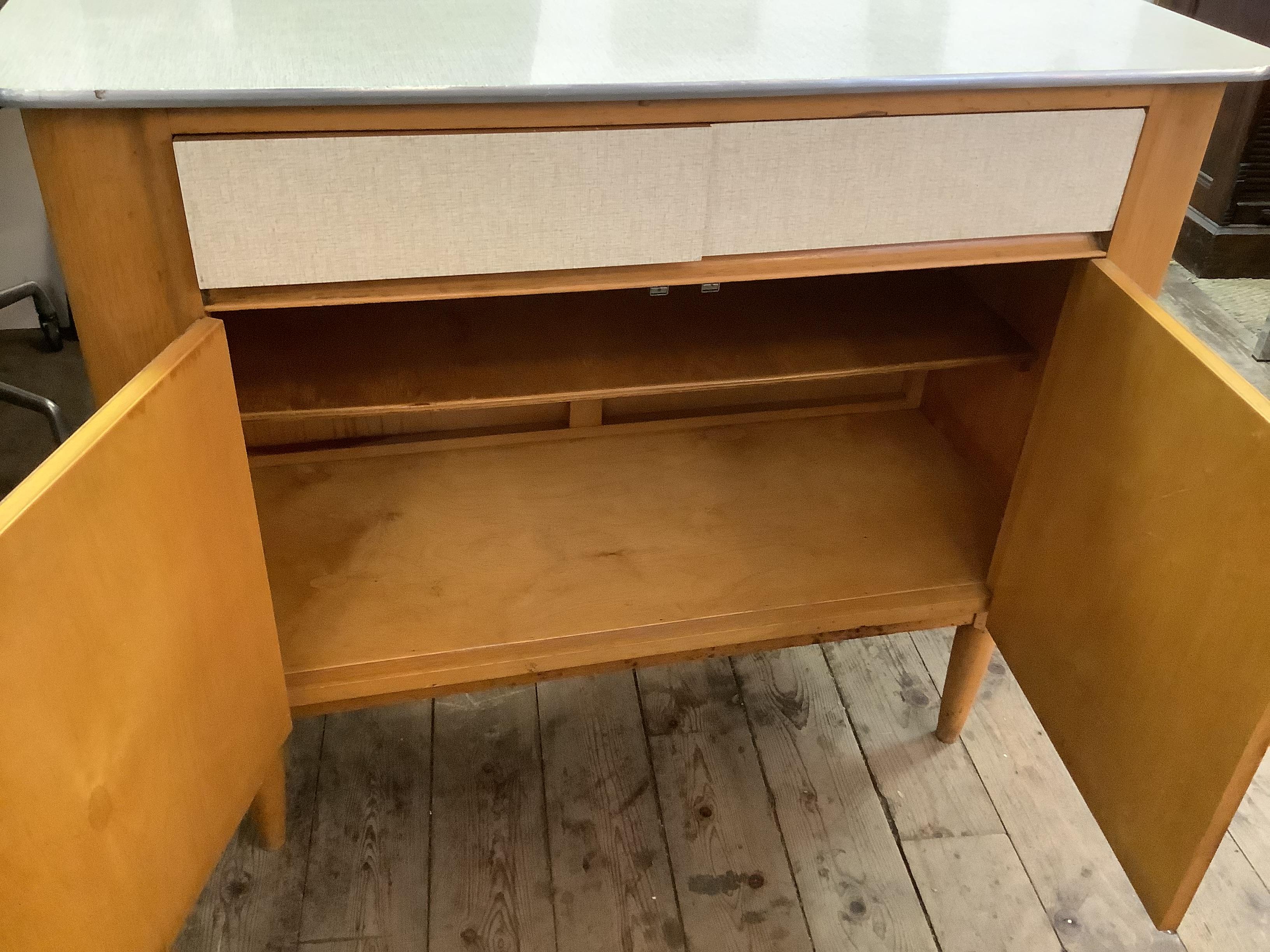 Compact bent ply and Formica sideboard two storage draws and two doors with internal shelves