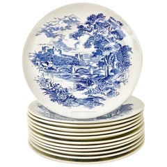 Vintage 1950s Wedgwood England Set of 12 Dinner Plates "Countryside Blue"