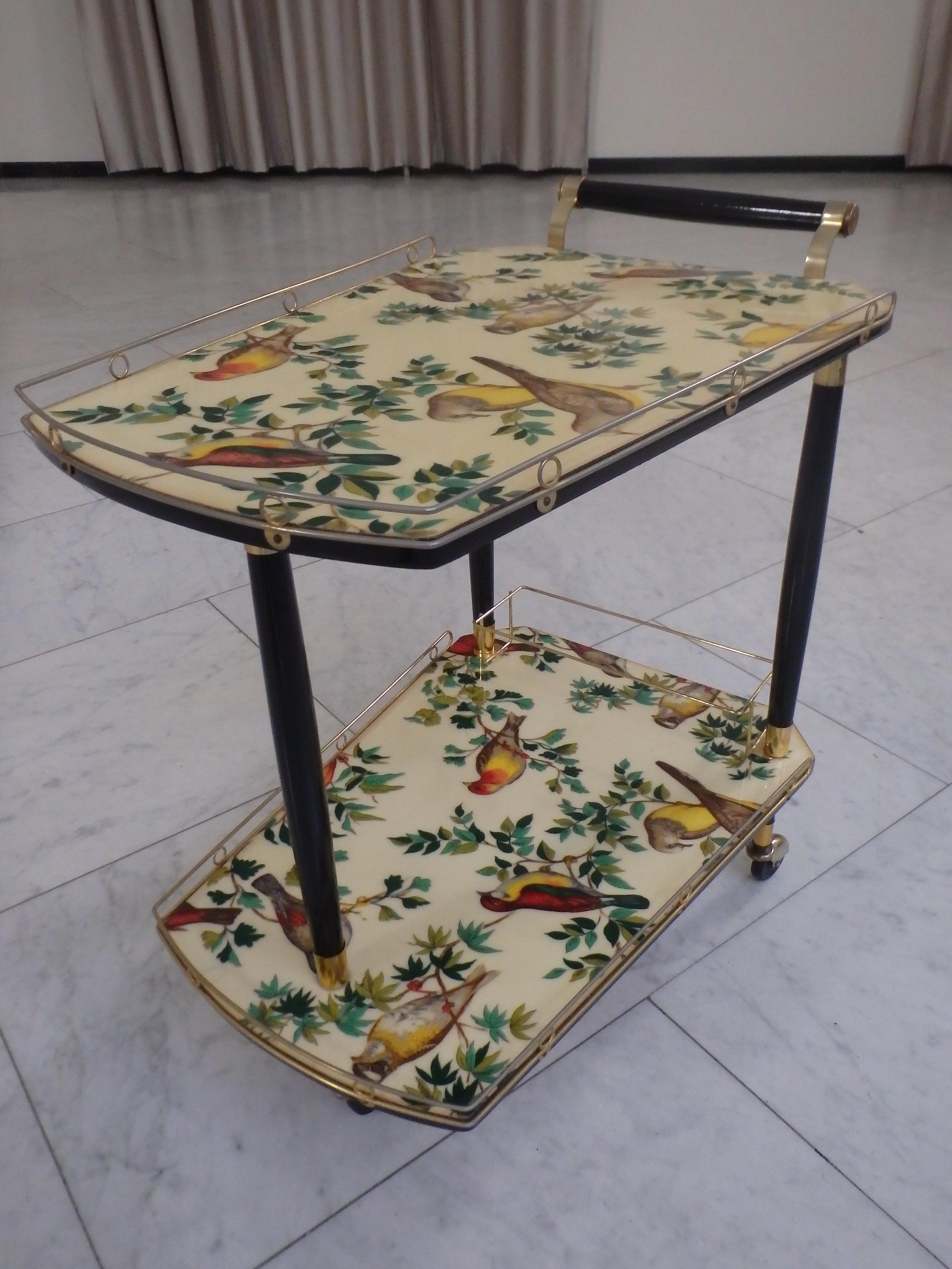1950thies bar cart on 3 wheels with beautiful birds on the shelf's  For Sale 5