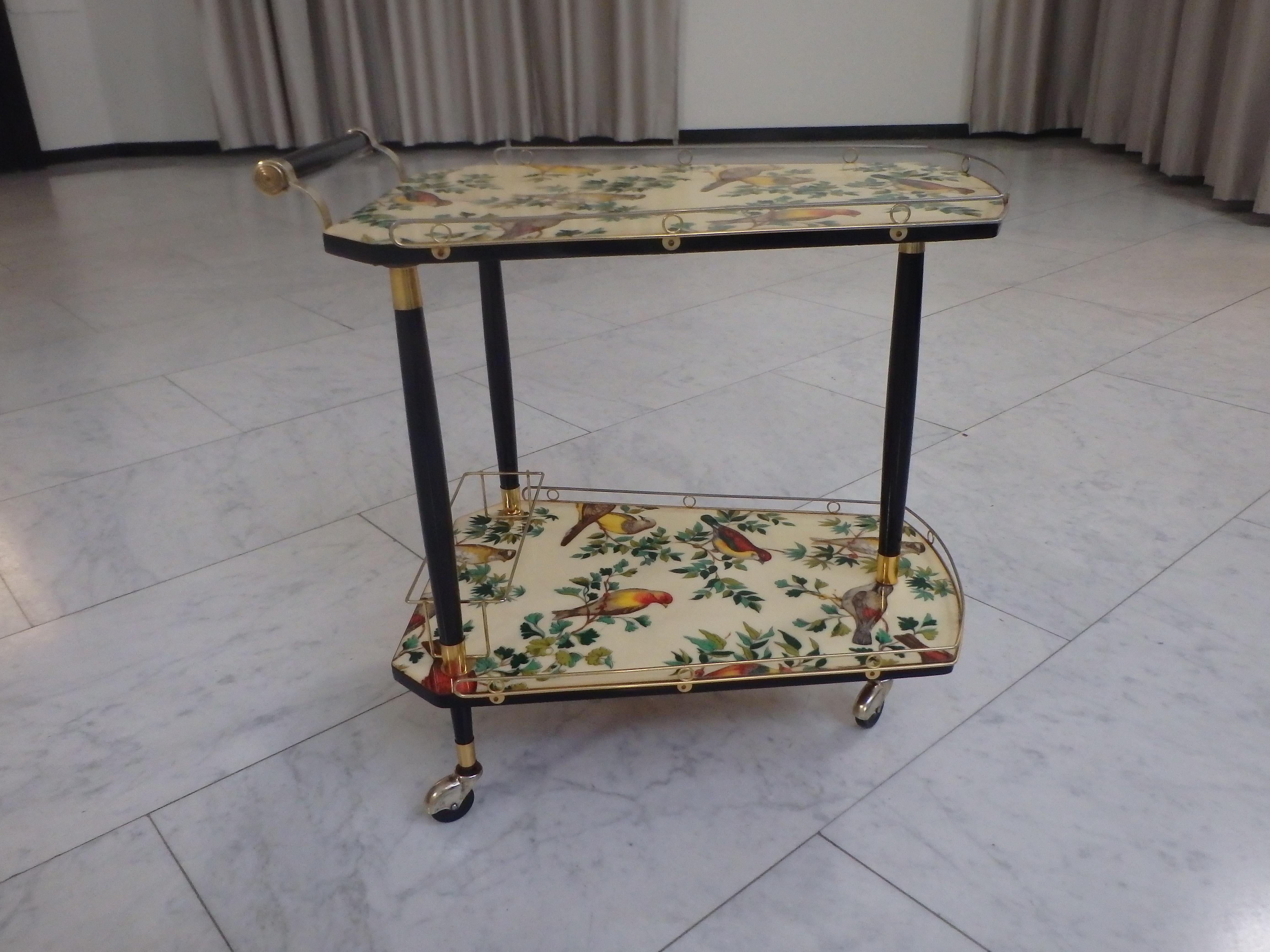 French 1950thies bar cart on 3 wheels with beautiful birds on the shelf's  For Sale