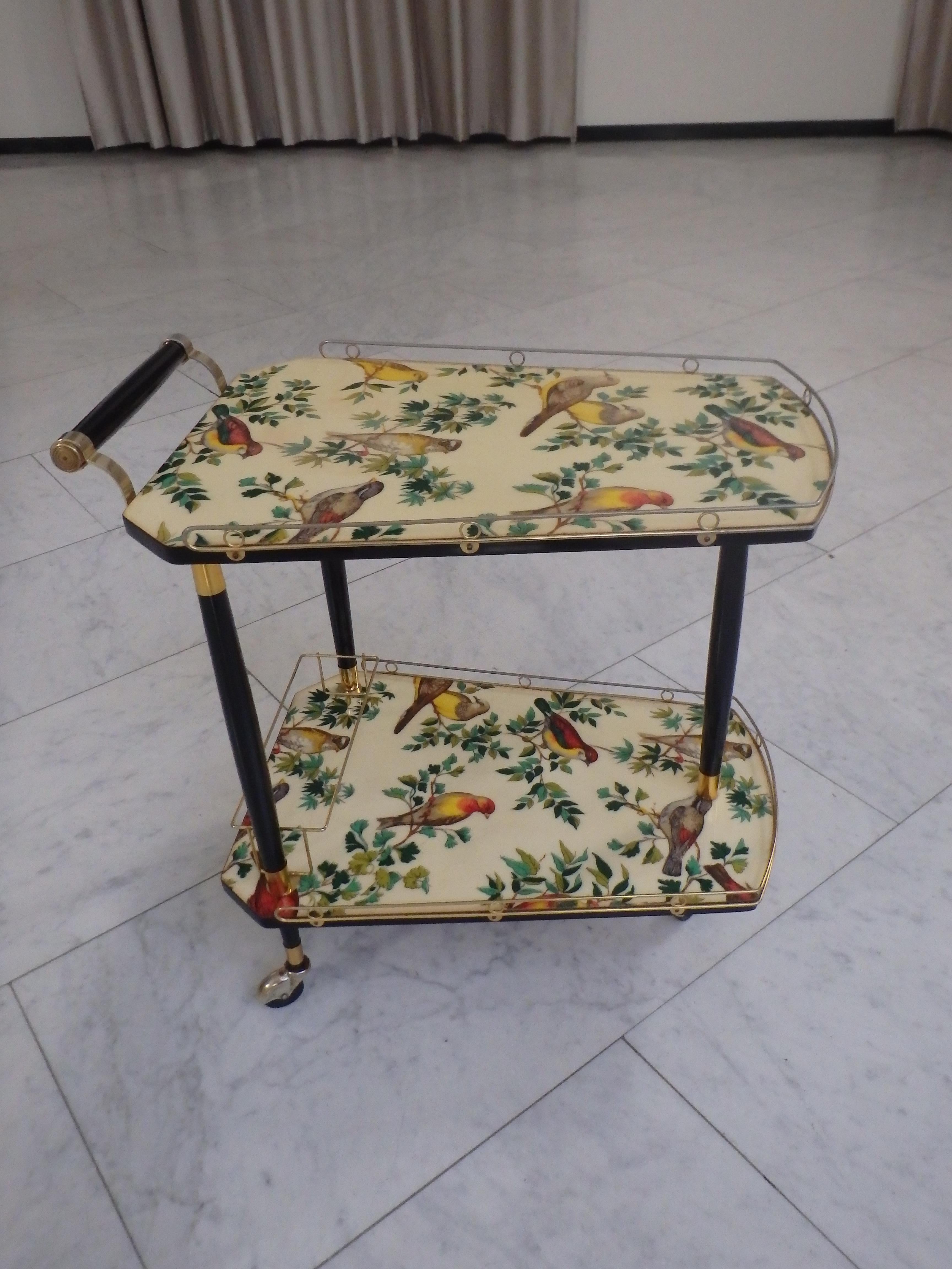 1950thies bar cart on 3 wheels with beautiful birds on the shelf's  For Sale 1