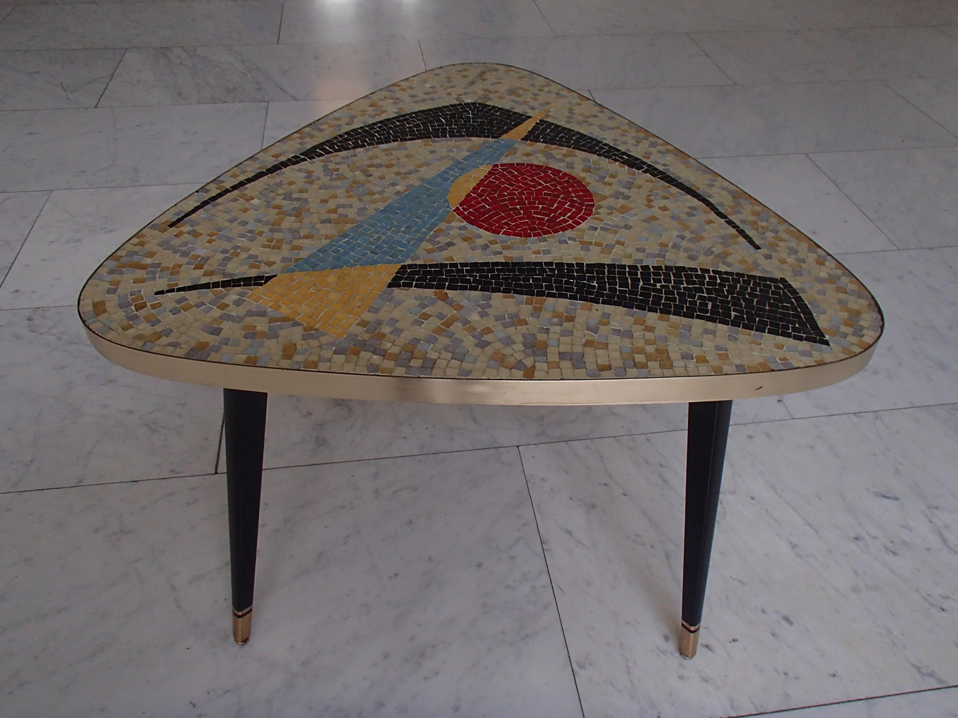 1950thies Triangular Mosaic Table on 3 Streamline Black and Gold Painted Legs For Sale 2