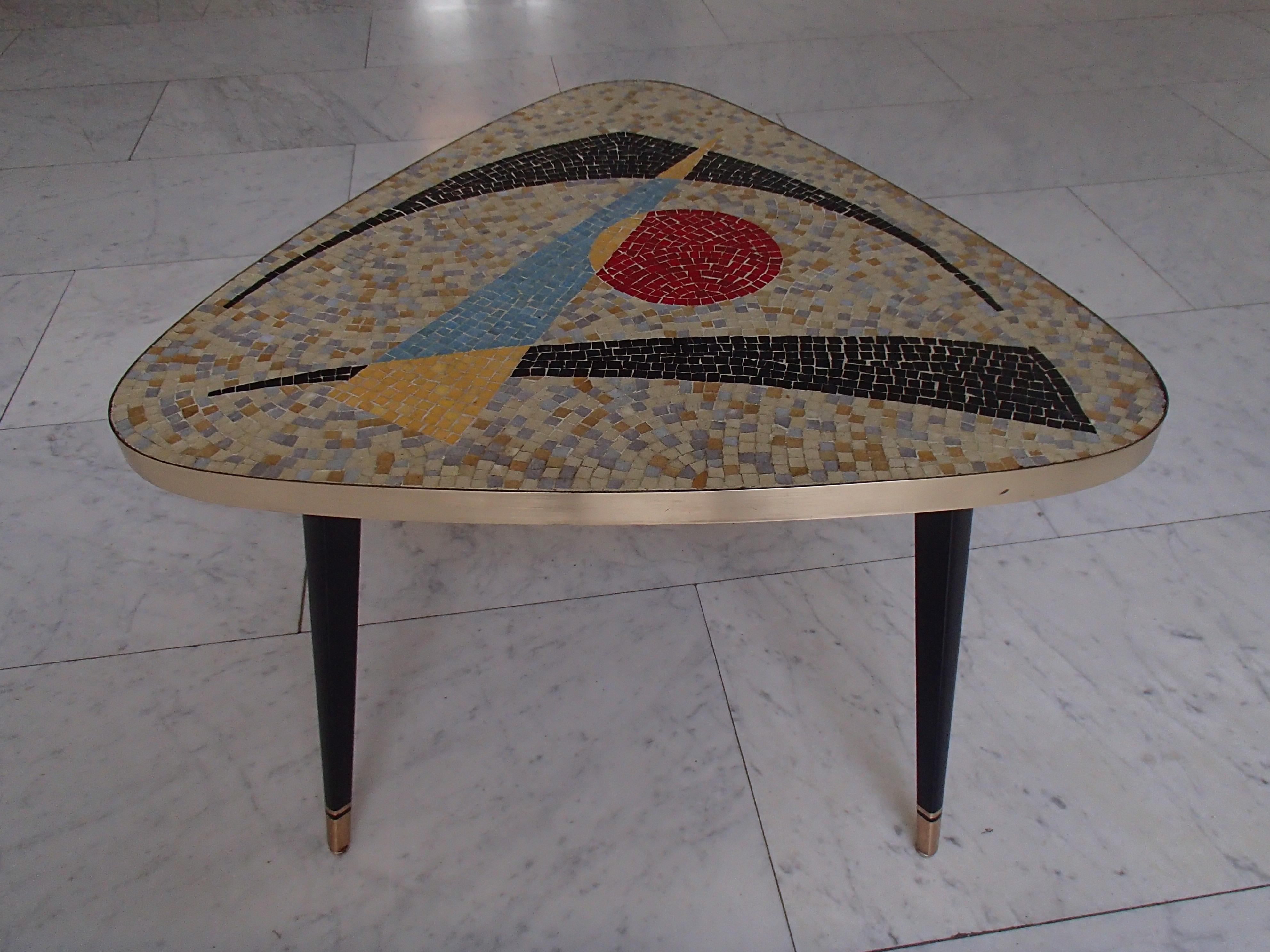 1950thies Triangular Mosaic Table on 3 Streamline Black and Gold Painted Legs For Sale 5