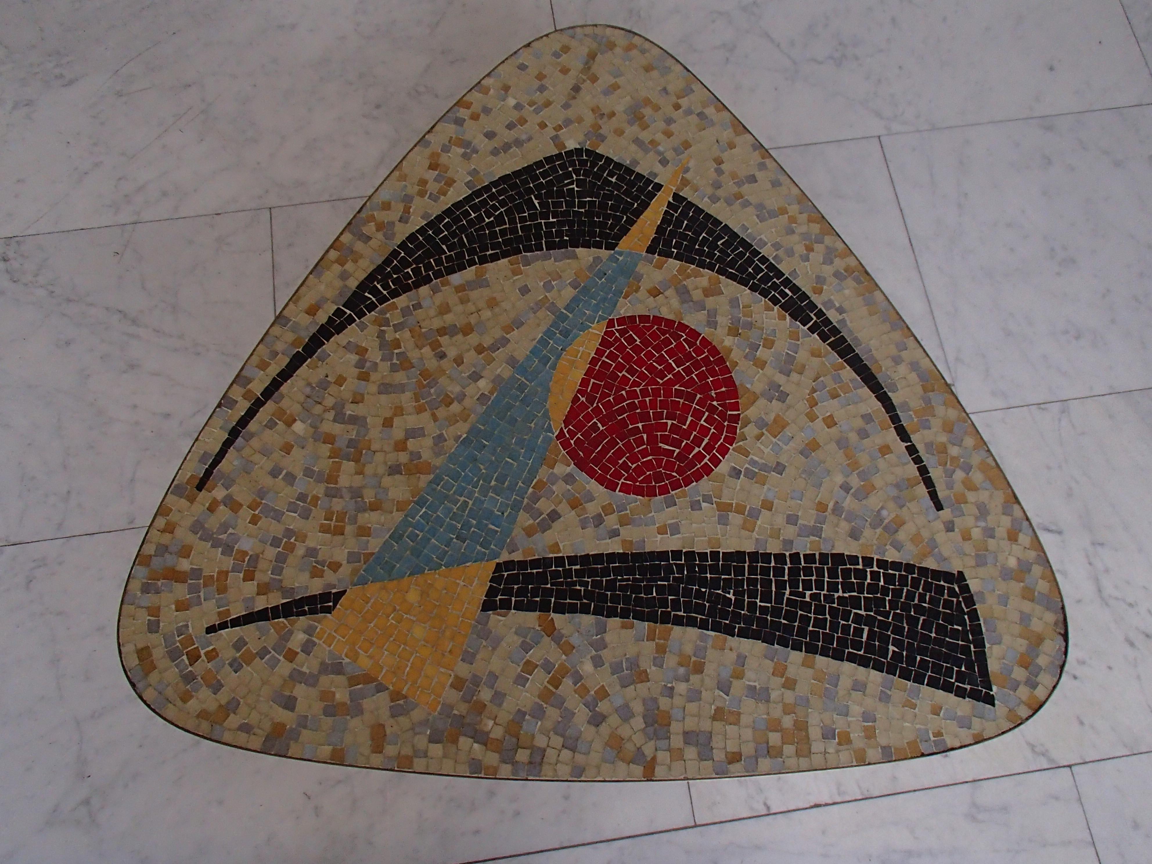 1950thies Triangular Mosaic Table on 3 Streamline Black and Gold Painted Legs For Sale 6