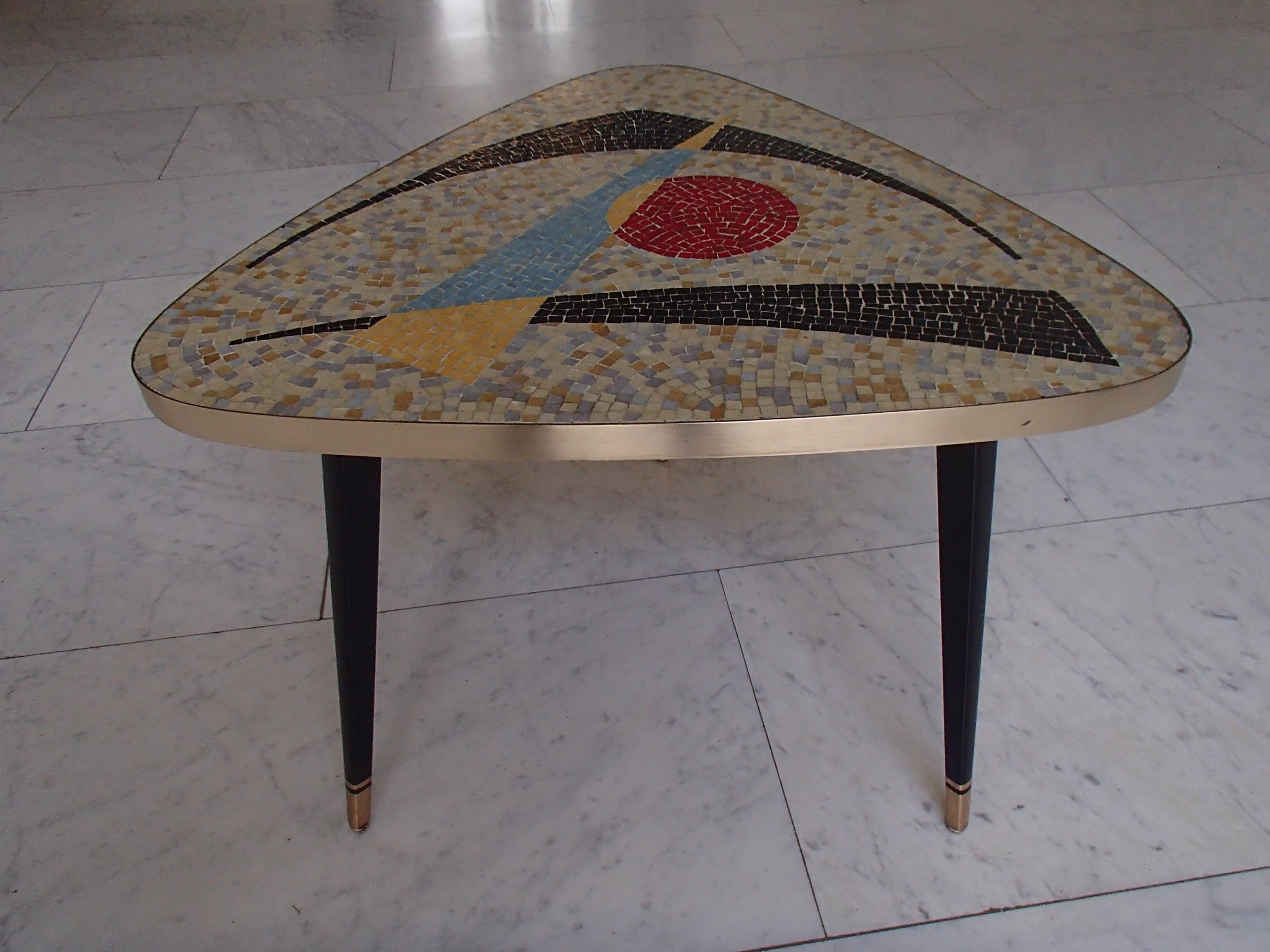 1950thies Triangular Mosaic Table on 3 Streamline Black and Gold Painted Legs For Sale 7