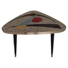 1950thies Triangular Mosaic Table on 3 Streamline Black and Gold Painted Legs