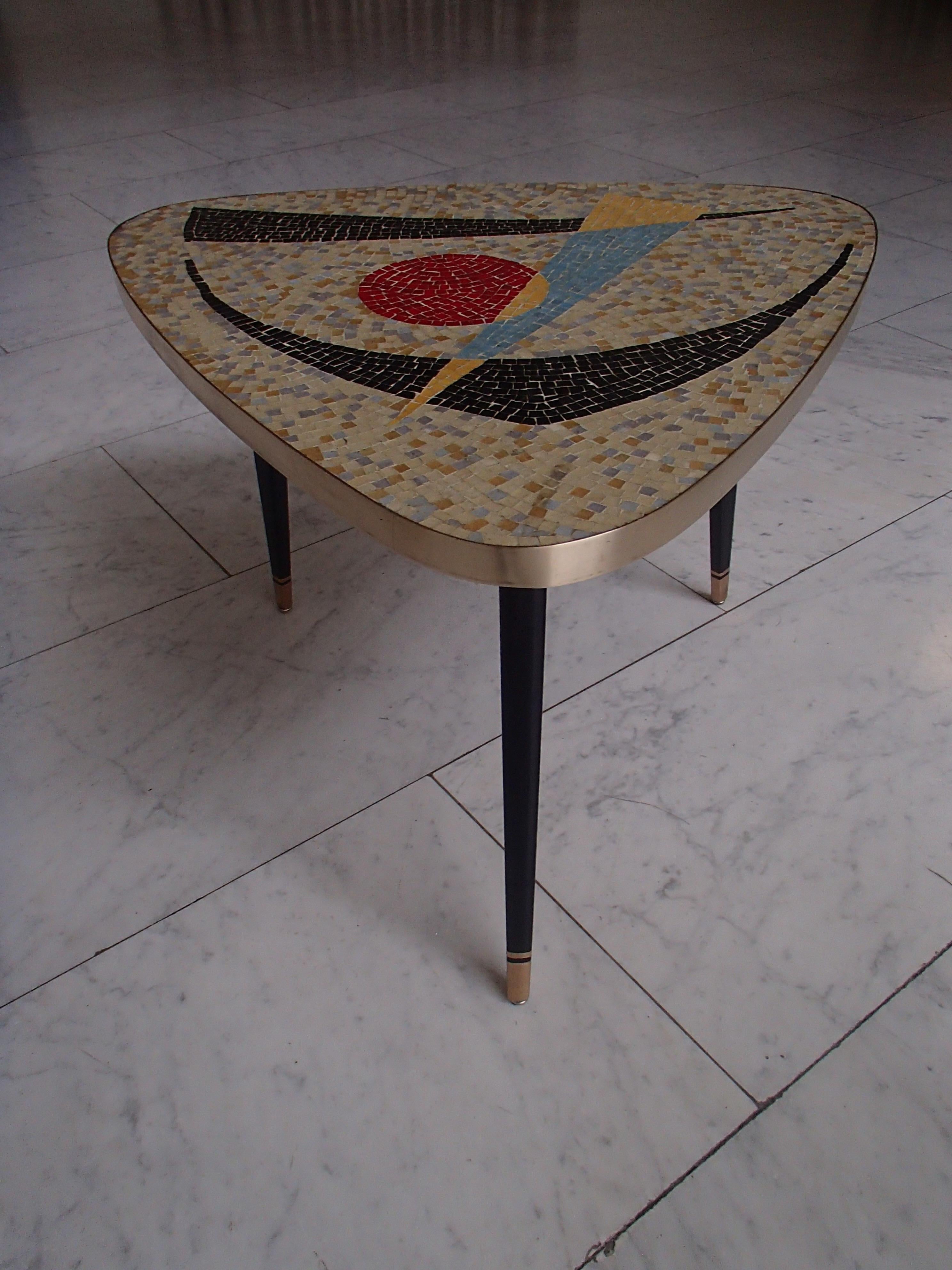 Mid-Century Modern 1950thies Triangular Mosaic Table on 3 Streamline Black and Gold Painted Legs For Sale