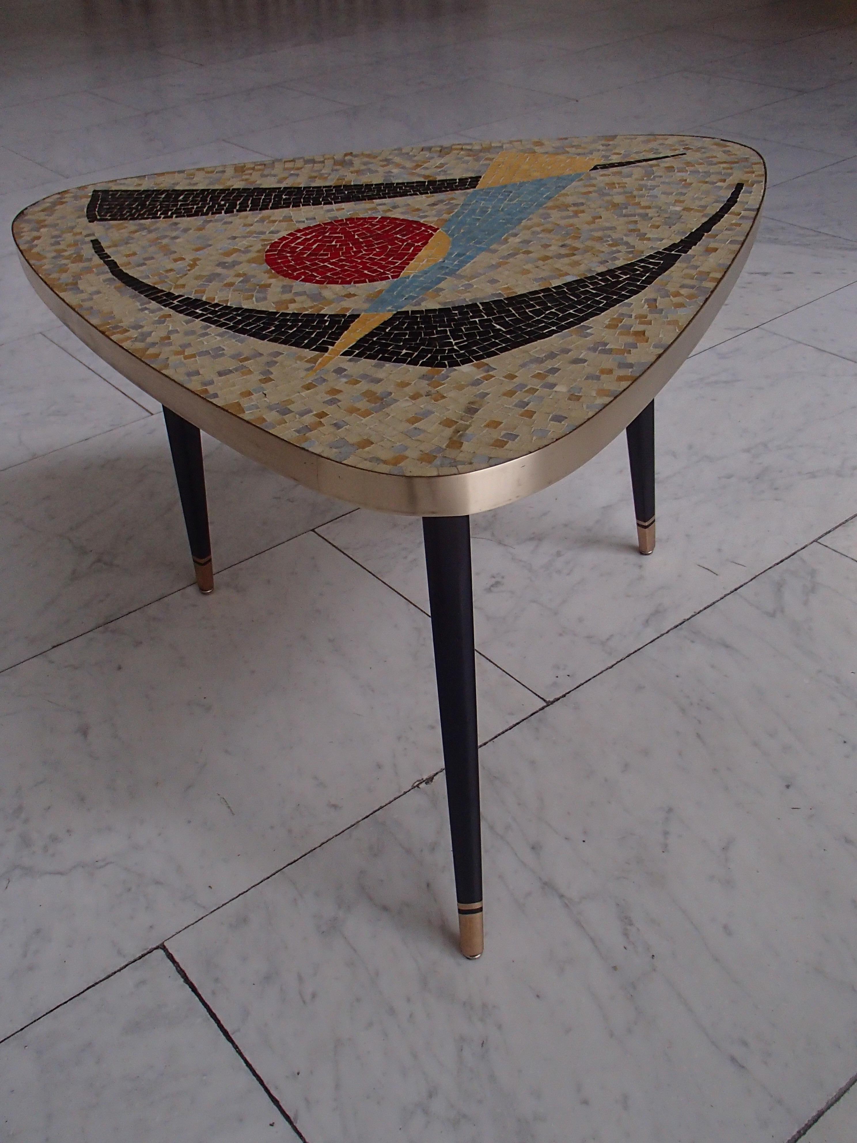 German 1950thies Triangular Mosaic Table on 3 Streamline Black and Gold Painted Legs For Sale