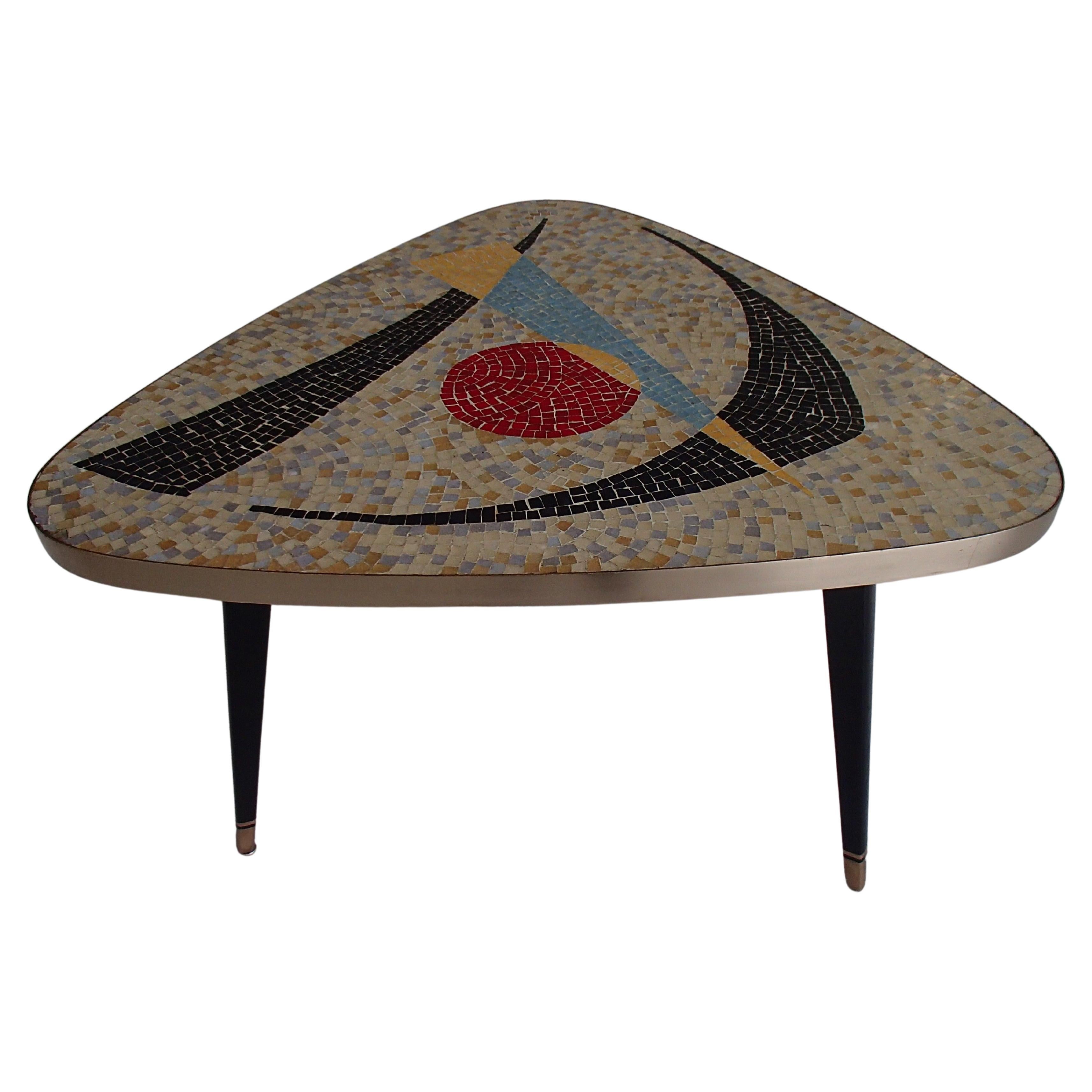 1950thies Triangular Mosaic Table on 3 Streamline Black and Gold Painted Legs For Sale