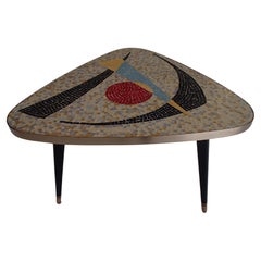 1950thies Triangular Mosaic Table on 3 Streamline Black and Gold Painted Legs