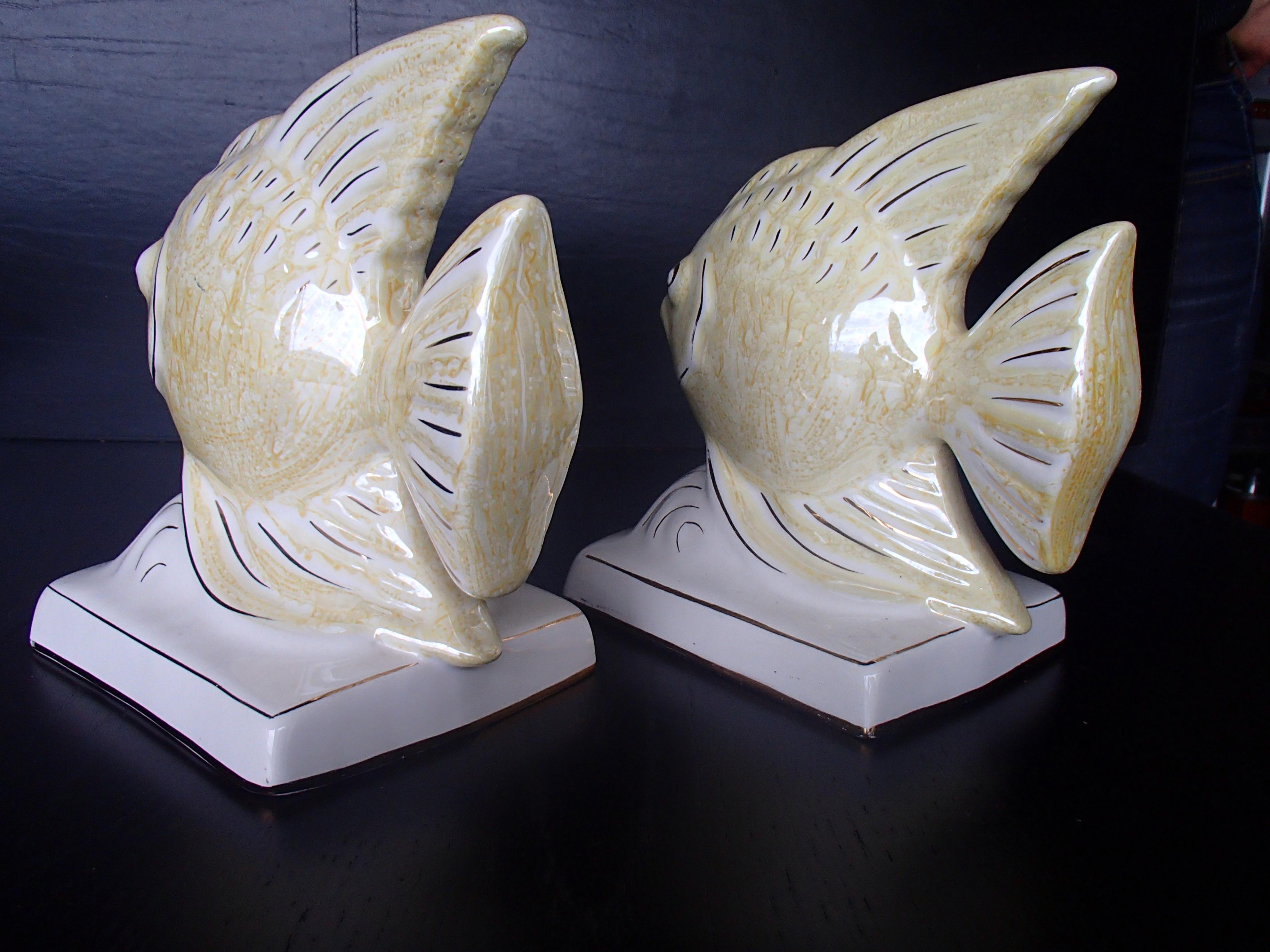 Mid-Century Modern 1950s Pair of Porcelaine Fishes as Bookend or Deco For Sale