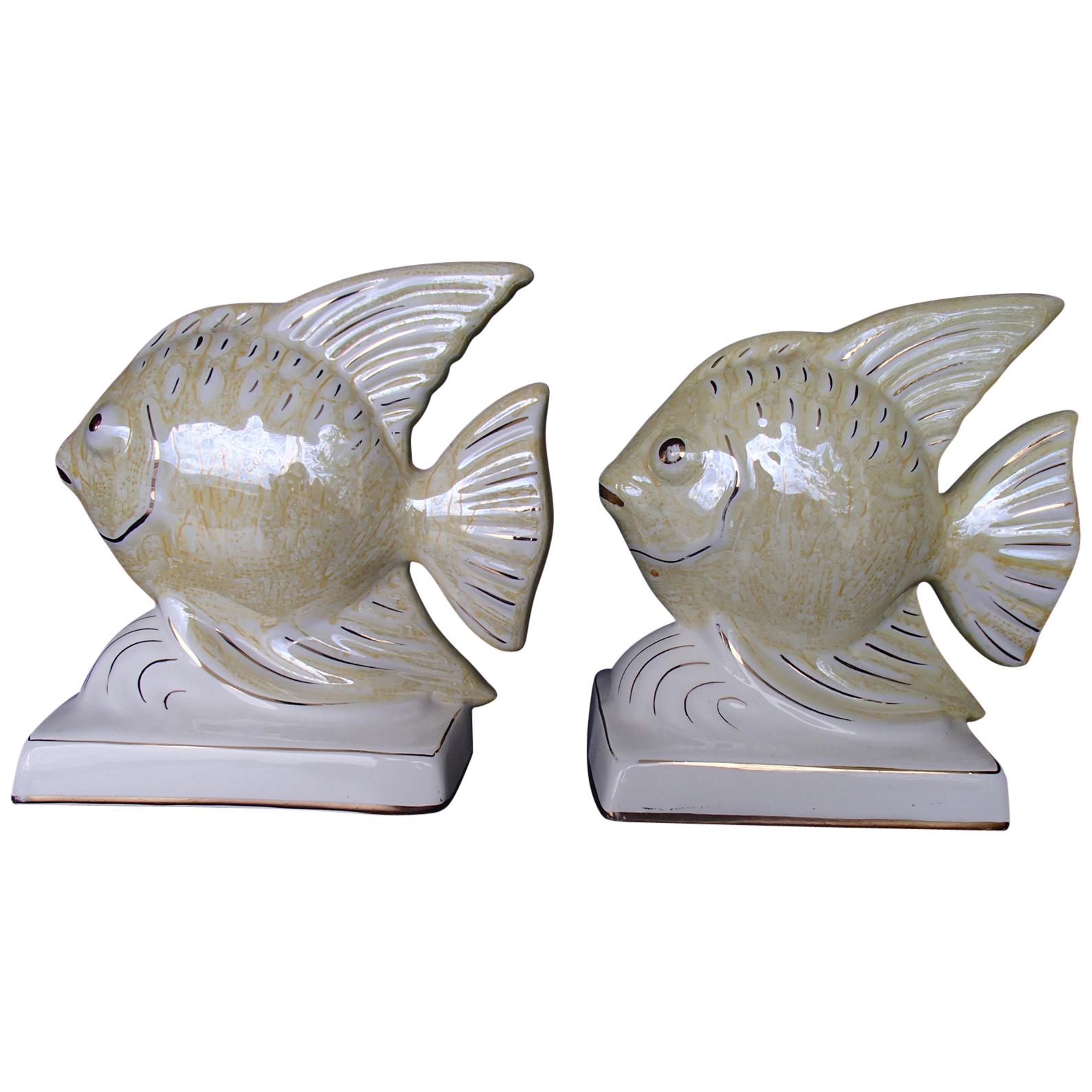 1950s Pair of Porcelaine Fishes as Bookend or Deco For Sale