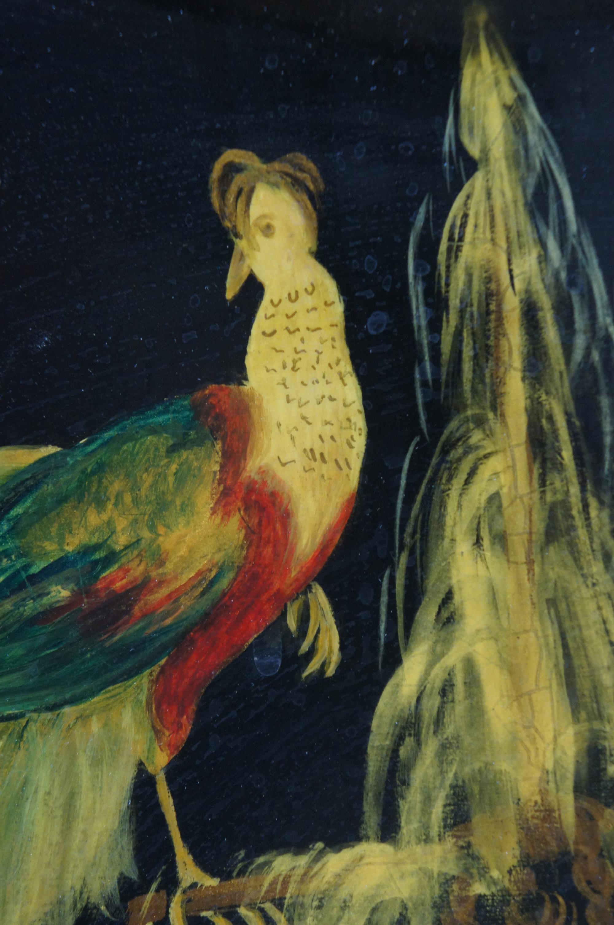 1951 Betty Johnson Scalloped Toleware Folk Art Tray Metal Floral Peacock Bird 3