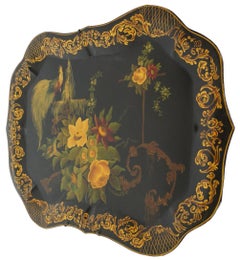 1951 Betty Johnson Scalloped Toleware Folk Art Tray Metal Floral Peacock Bird