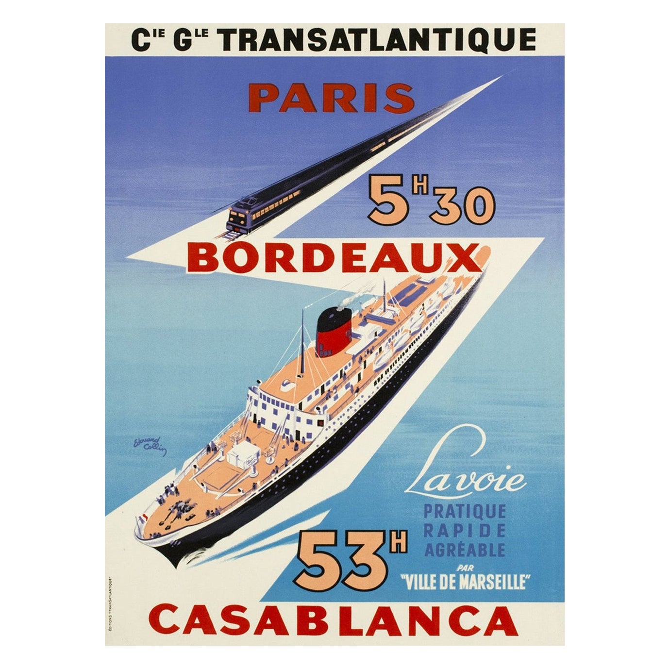 1951 Cie Gle Transatlantique - Paris, Bordeaux, Casablanca Original Poster