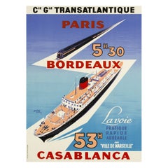 1951 Cie Gle Transatlantique - Paris, Bordeaux, Casablanca Original Poster