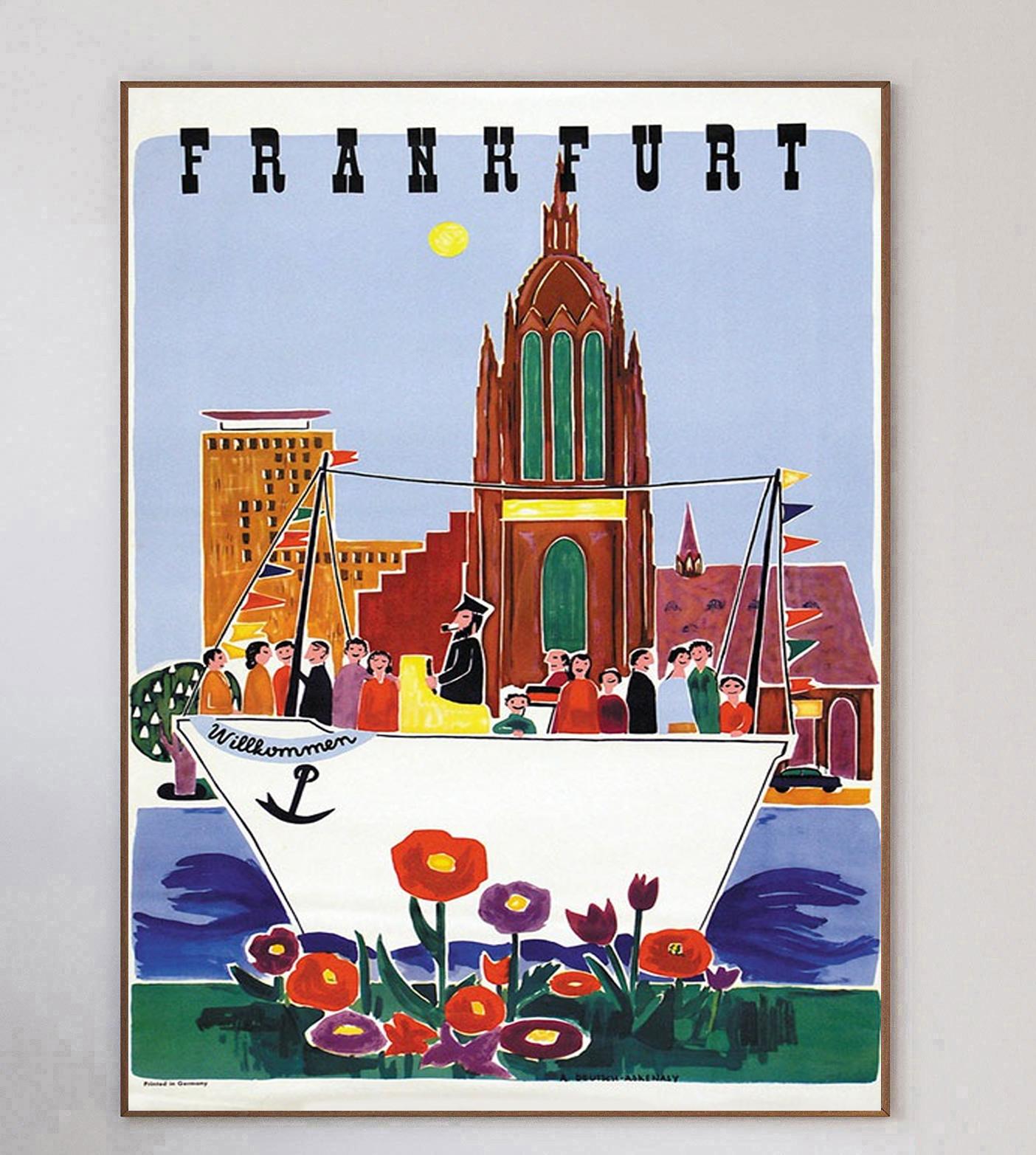 Wunderbar charmantes Plakat, das die deutsche Stadt Frankfurt für den Tourismus bewirbt. Das 1951 vom Fremdenverkehrsamt der Region geschaffene Bild zeigt eine Gruppe von Touristen, die eine Bootsfahrt auf dem Fluss genießen und die Wahrzeichen der