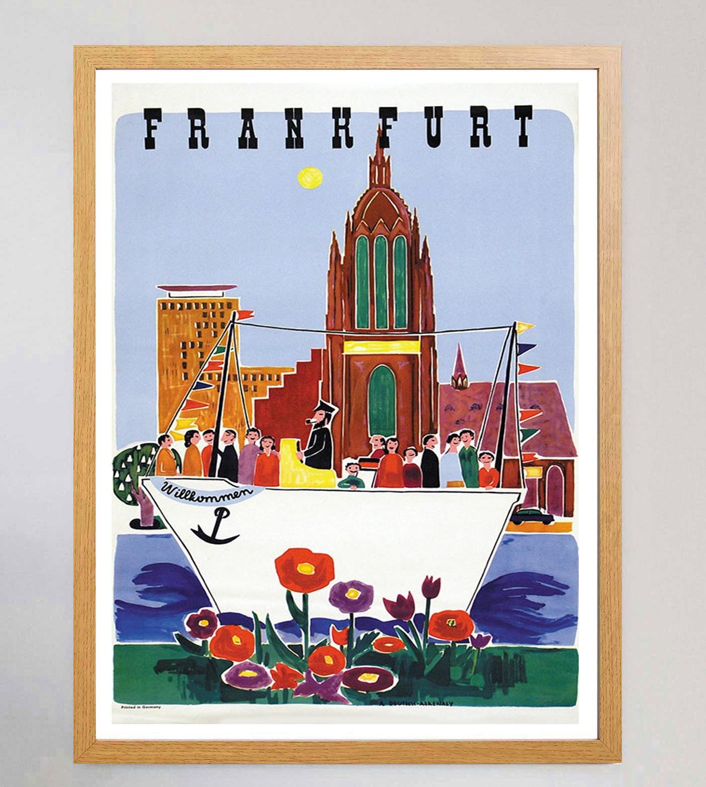 1951 Frankfurt – Willkommen, Original-Vintage-Poster (Deutsch) im Angebot