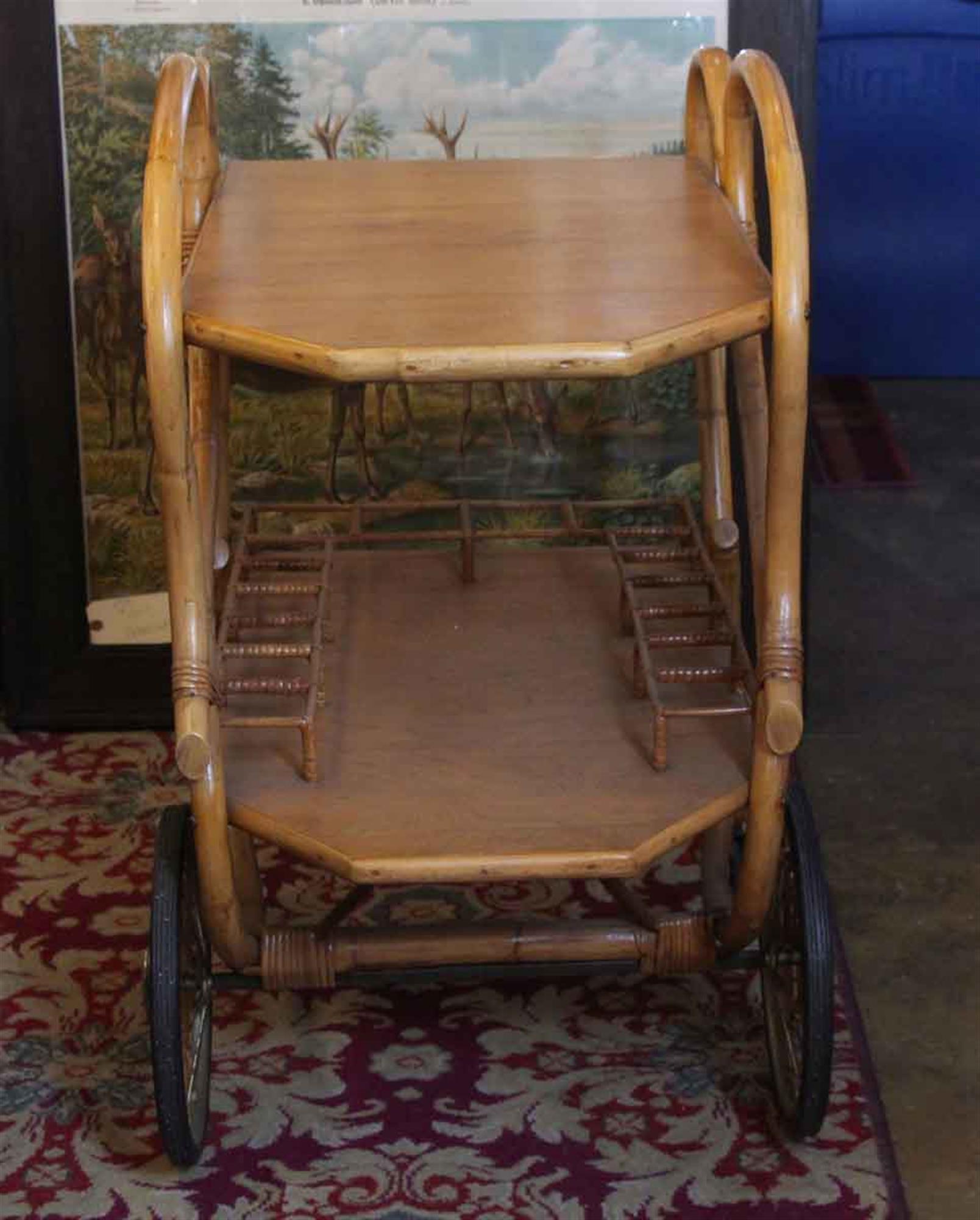 American 1951 Halle Bros. Mid-Century Modern Bamboo Tea or Bar Cart with Spider Wheels