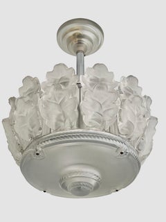 1951 Marc Lalique Ceiling Chandelier Chene Oak Frosted Cristal