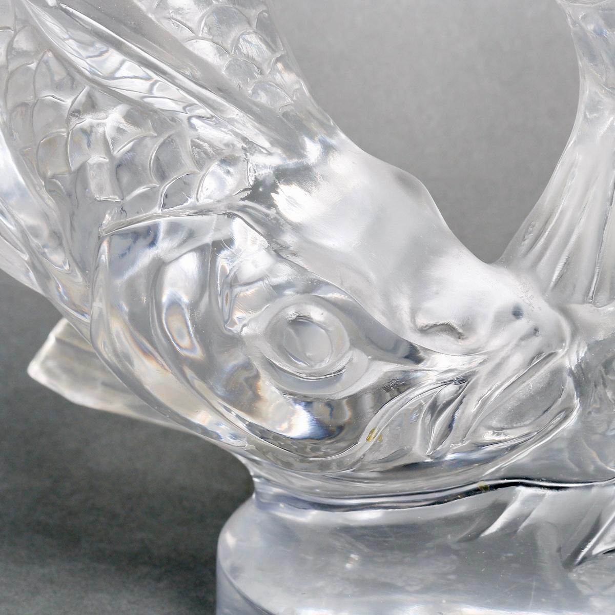 French 1951 Marc Lalique - Sculpture Deux Poissons Fishes Crystal