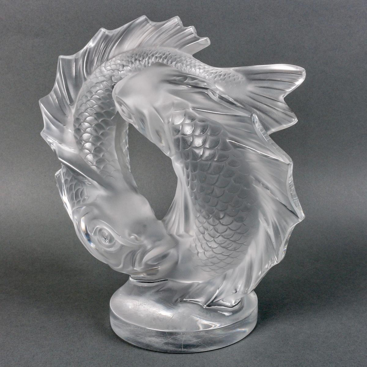 French 1951 Marc Lalique - Sculpture Deux Poissons Fishes Crystal For Sale