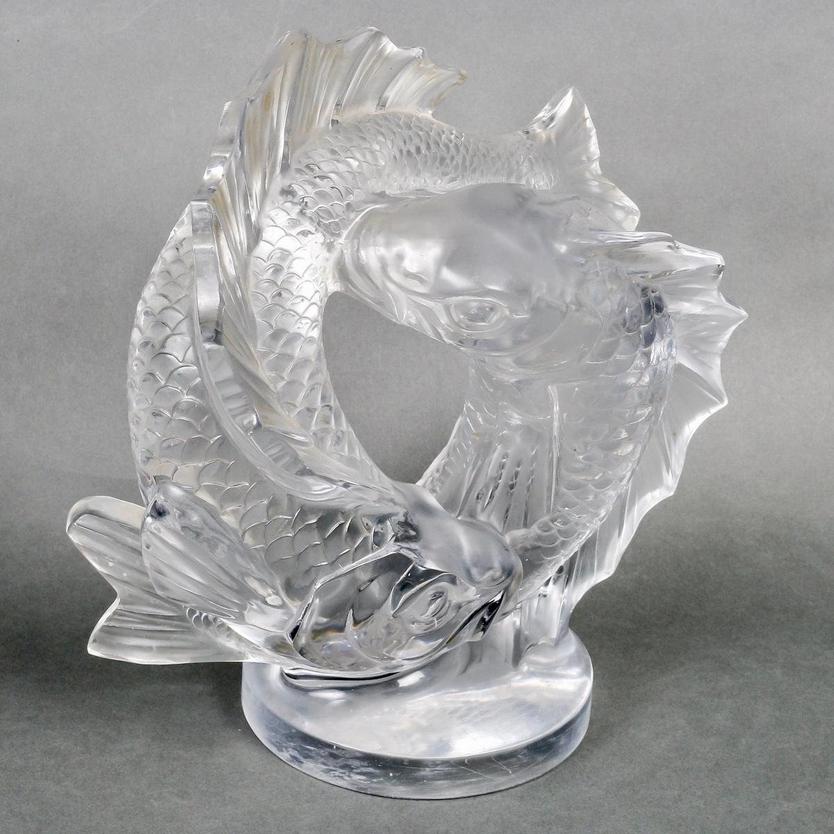 Molded 1951 Marc Lalique - Sculpture Deux Poissons Fishes Crystal