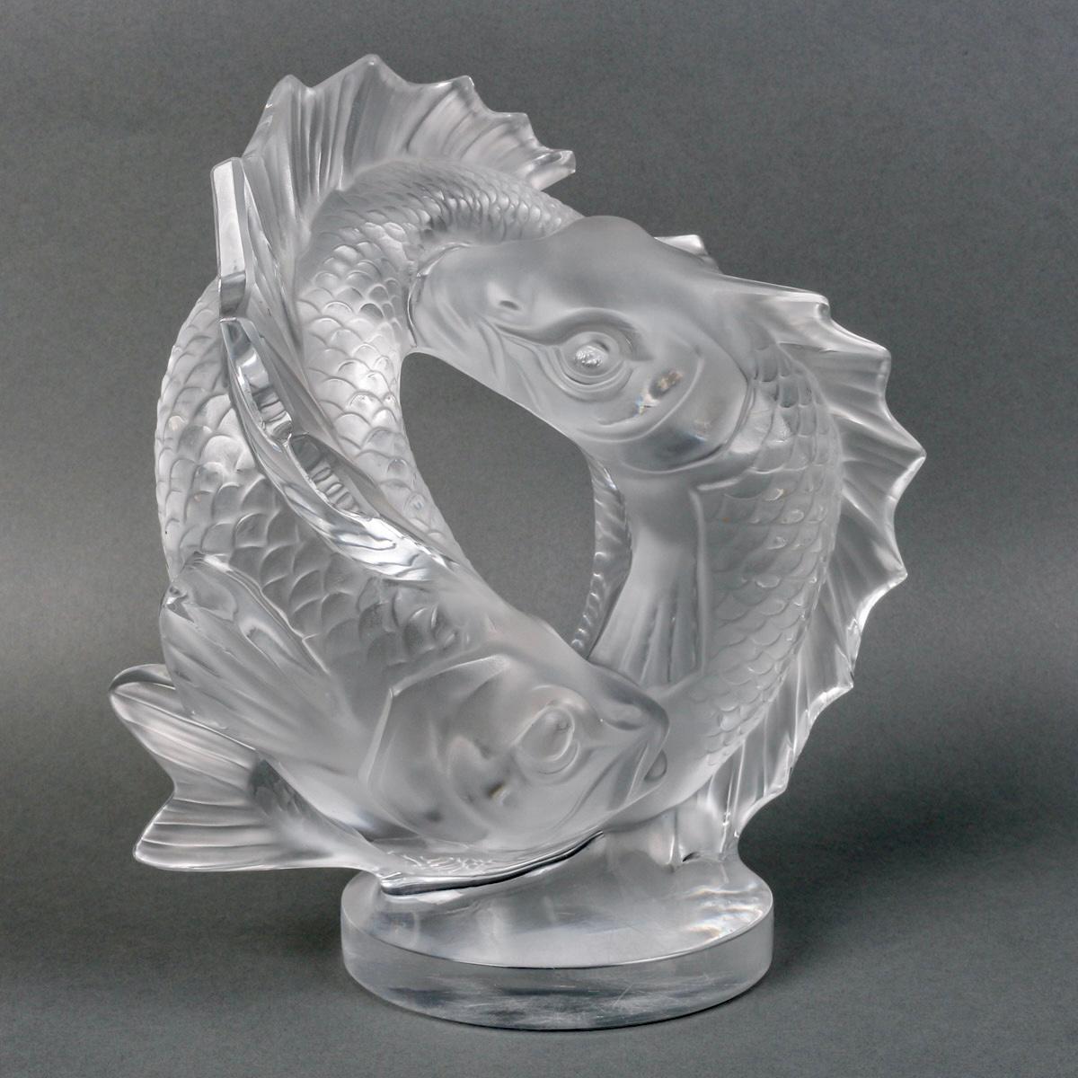 1951 Marc Lalique - Sculpture Deux Poissons Fishes Crystal In Good Condition For Sale In Boulogne Billancourt, FR
