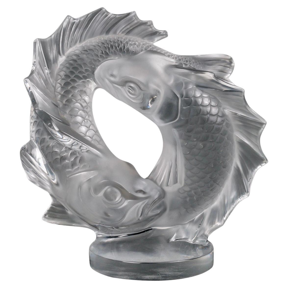 1951 Marc Lalique - Sculpture Deux Poissons Fishes Crystal For Sale