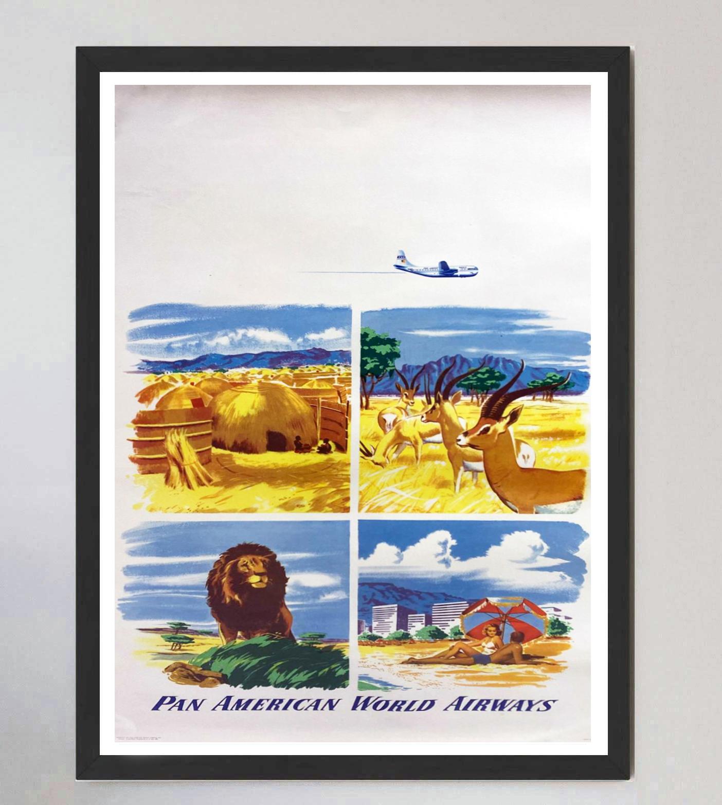 Wonderful & rare poster created in 1951 for Pan American World Airways, widely known as Pan Am. Depicting four gorgeous scenes featuring wildlife on a nature reserve, a local village and a beach resort, this poster showcases the best you can get