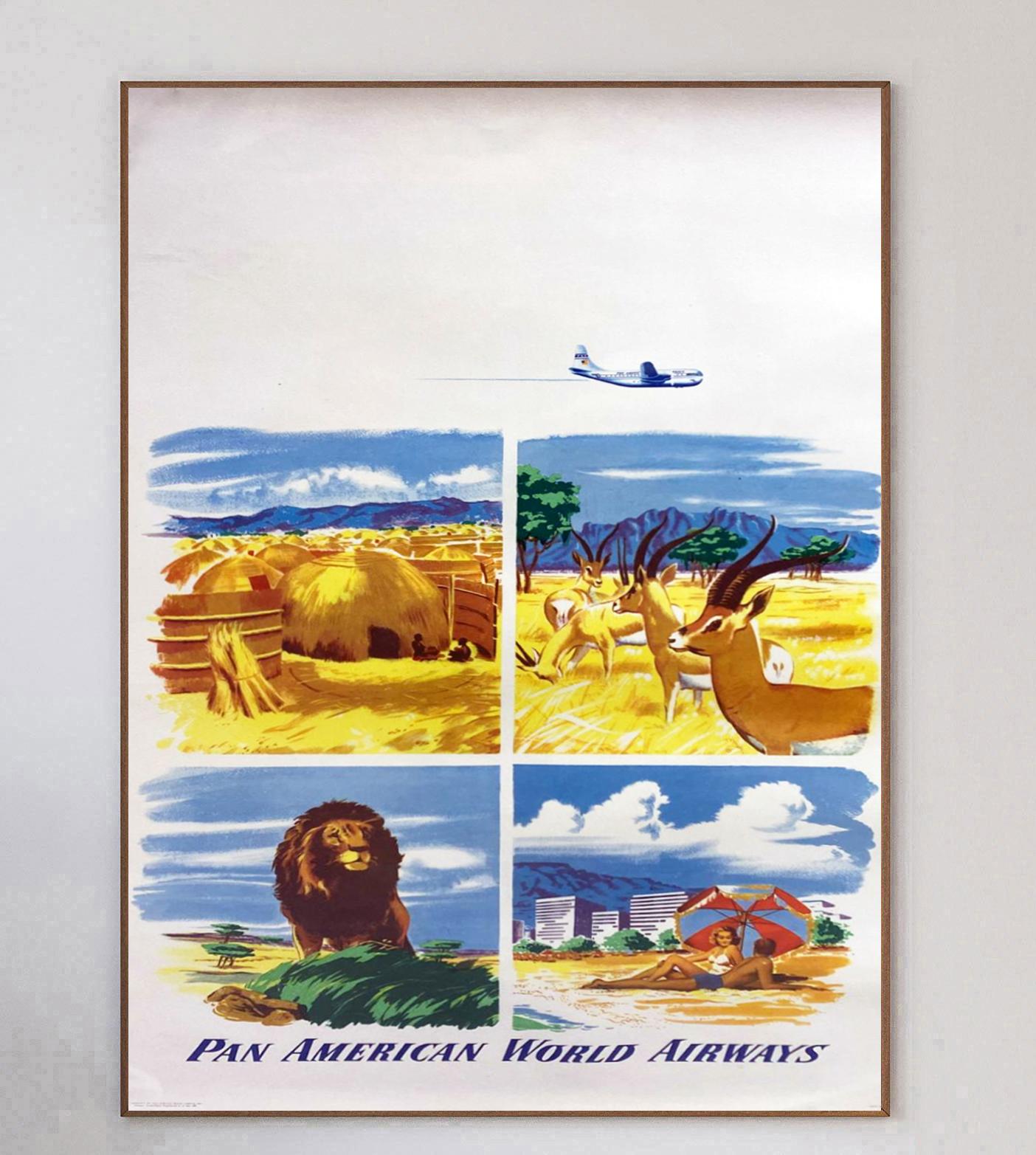 Wunderschönes und seltenes Plakat aus dem Jahr 1951 für Pan American World Airways, allgemein bekannt als Pan Am. Dieses Poster zeigt vier wunderschöne Szenen mit wilden Tieren in einem Naturschutzgebiet, einem örtlichen Dorf und einem Strandresort