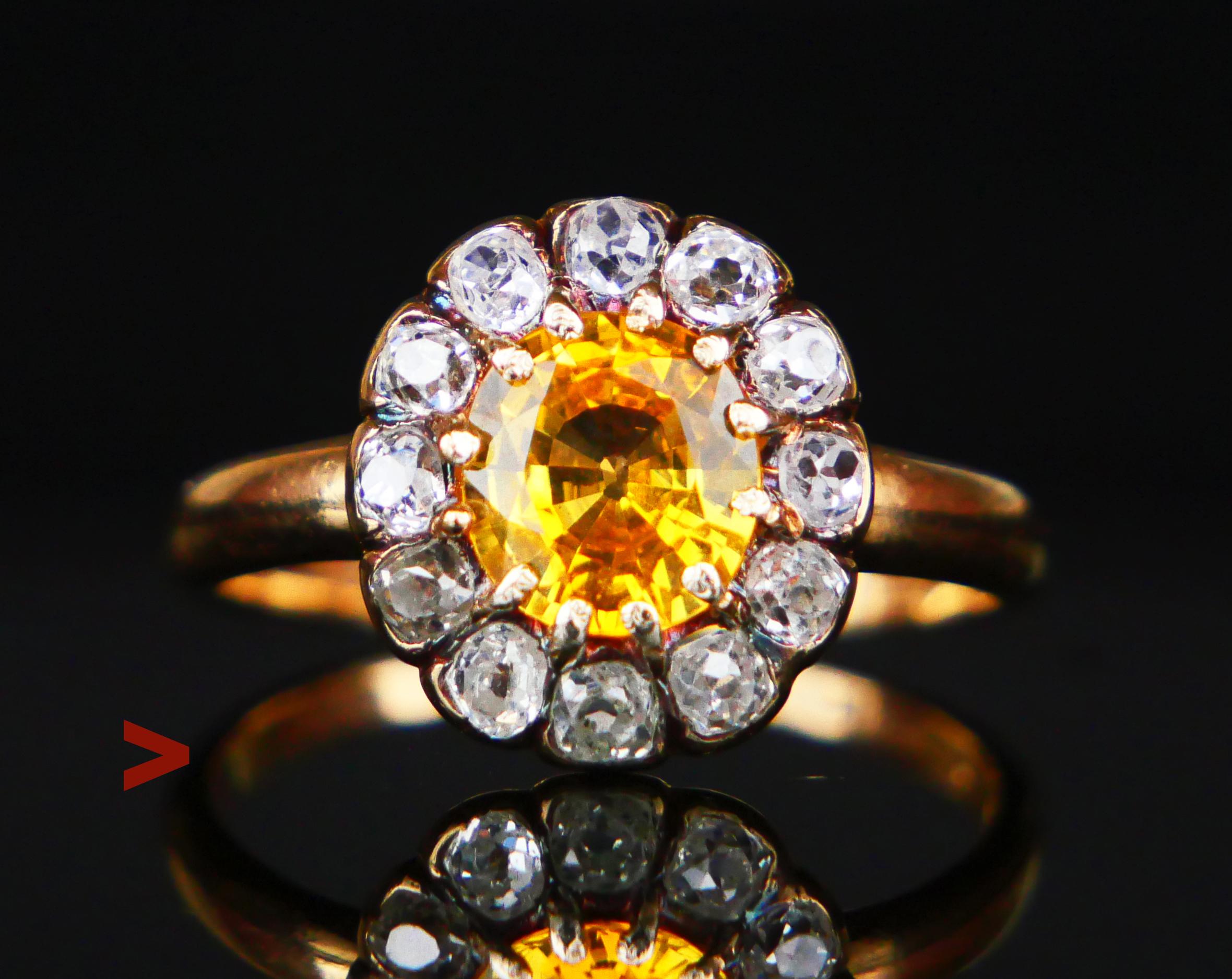 Beautiful Halo Ring in solid 18K Yellow Gold with natural Yellow Sapphire and 12 Diamonds in White Gold settings.

A bit fragmented Swedish hallmarks, 18K, crowned head (Stockholm). 

Year combination A9 / hand - made in 1951.

Floret/ crown